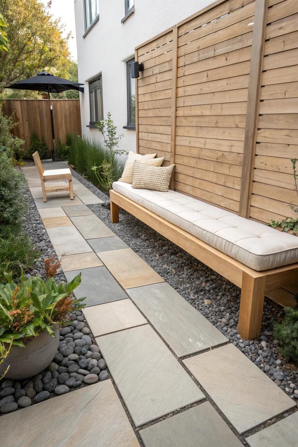 Pavers for seating, gravel for the path—two cozy zones on a slim side patio, no walls needed.