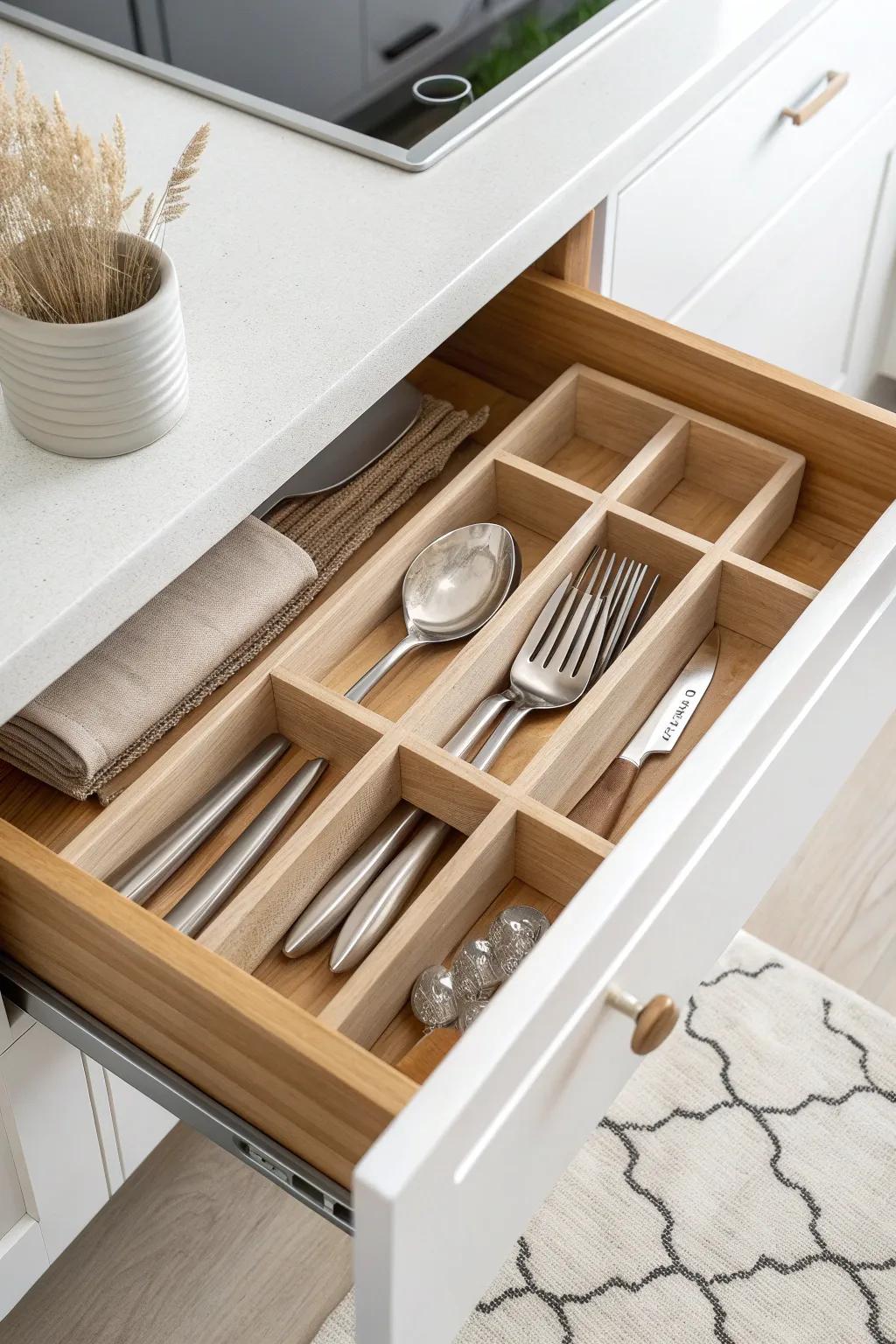 Vertical handles-up silverware organizer: faster grabbing, less clinking, calmer drawers.