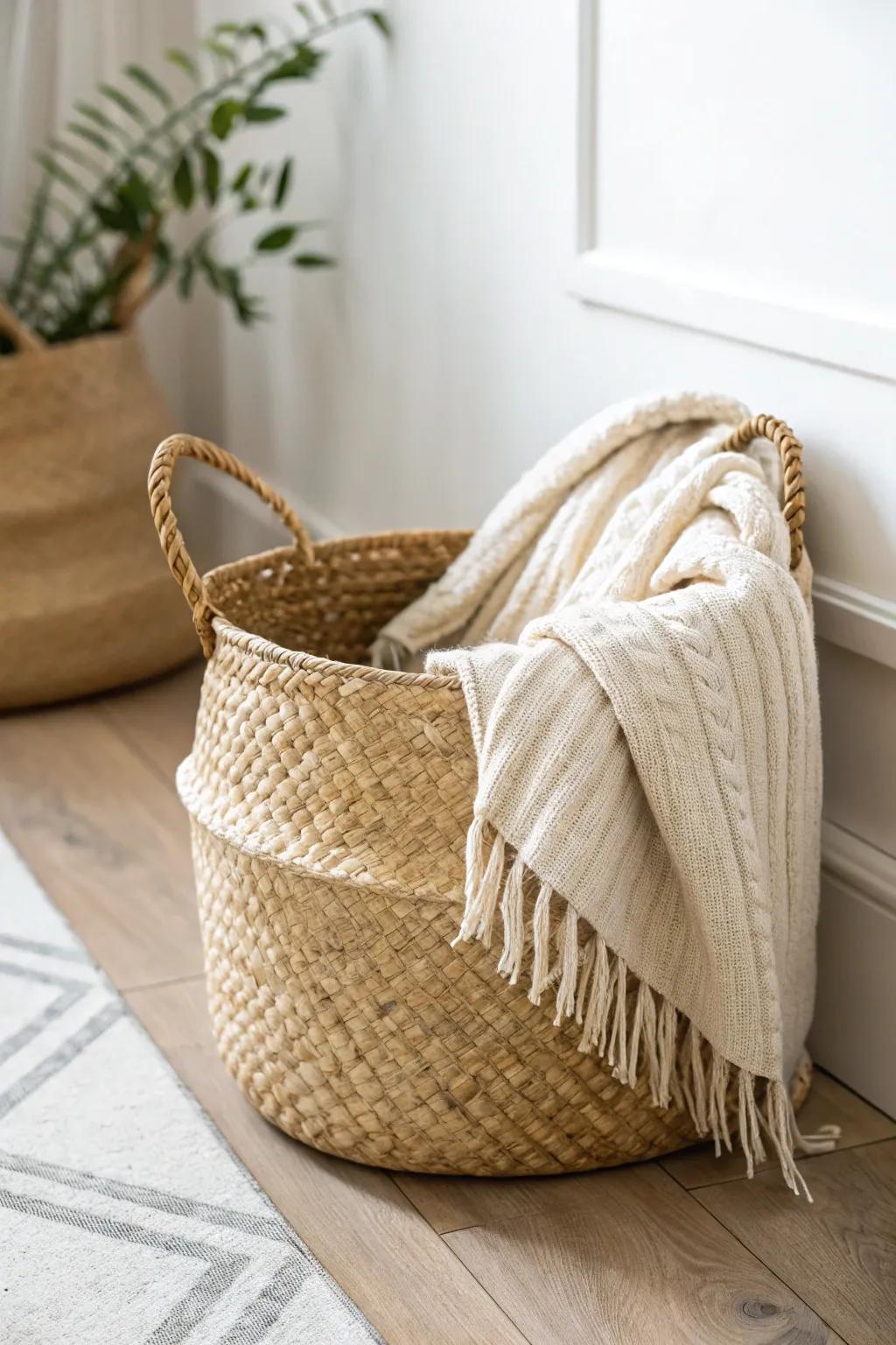 Cozy layers without clutter: one woven basket + knits instantly warms a small space.