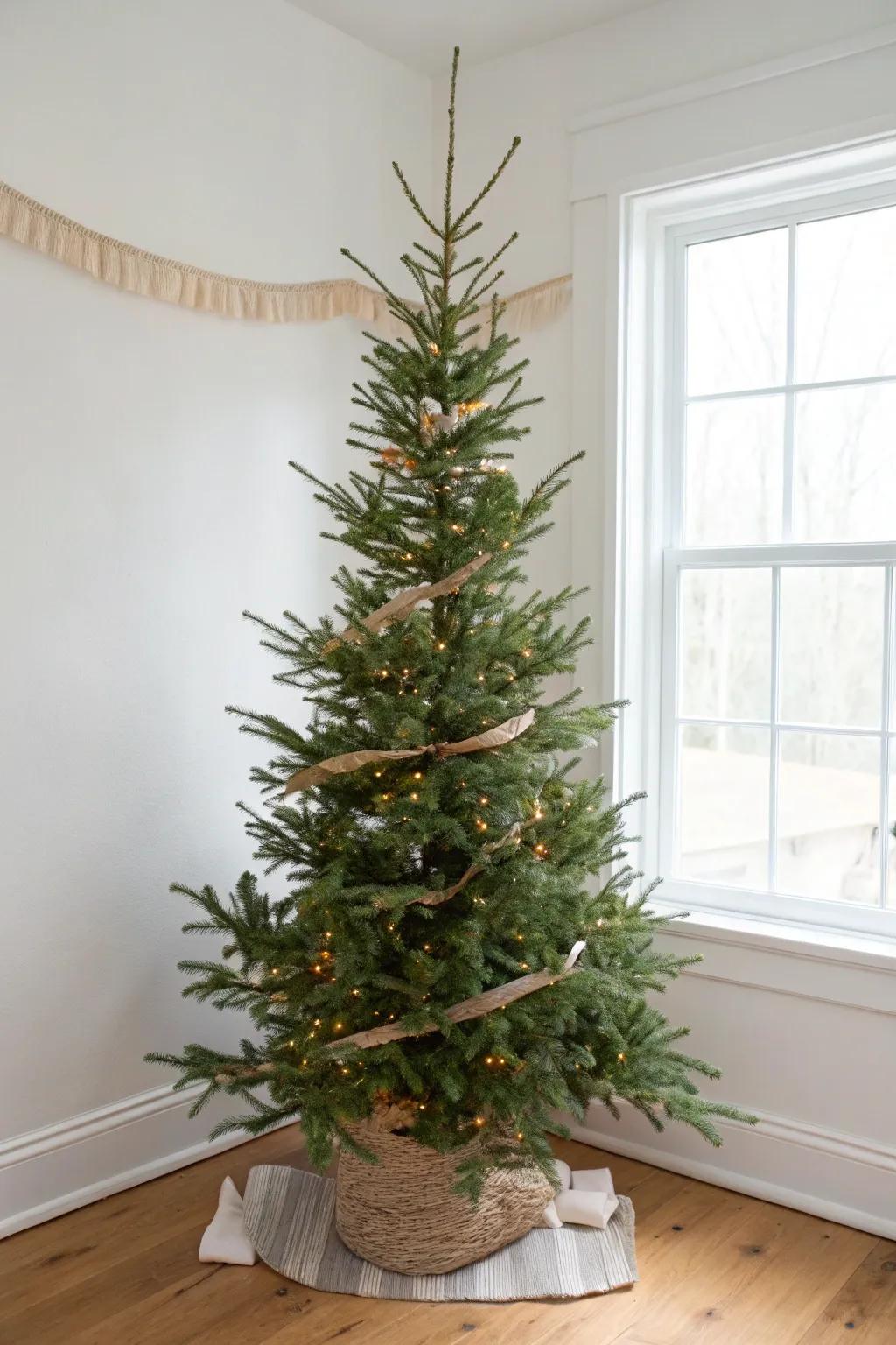 Vertical ribbon strips make a slim Christmas tree look taller, fuller, and beautifully minimal.