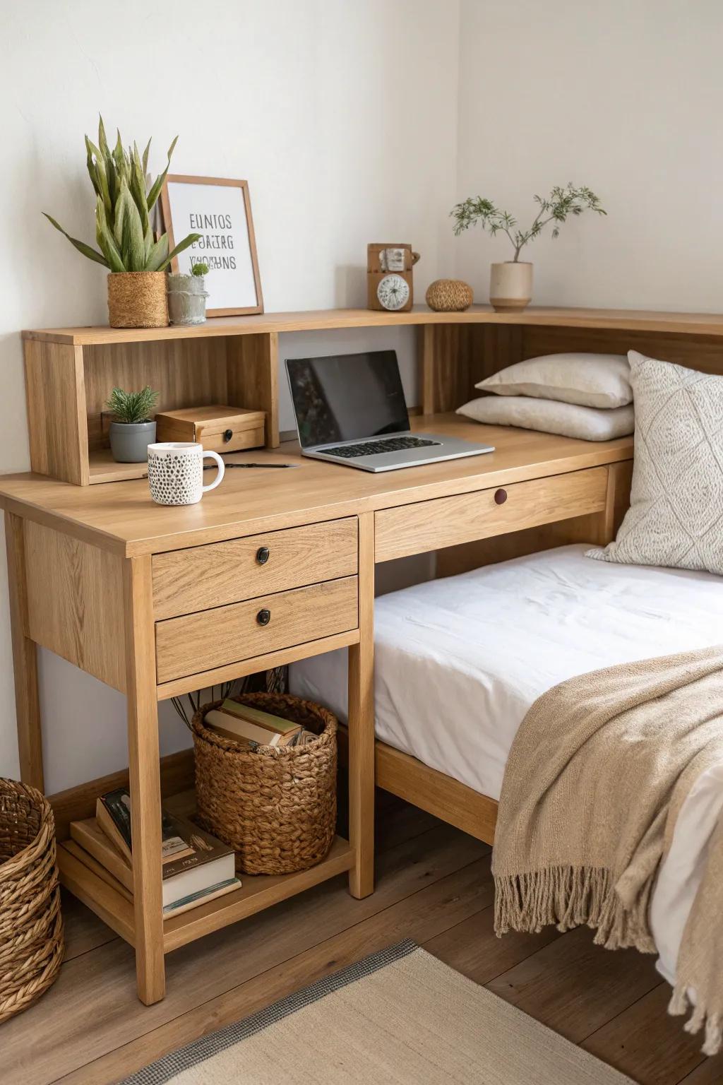 A cozy L-shaped desk-meets-bed corner that turns one dorm wall into a calm study nook.