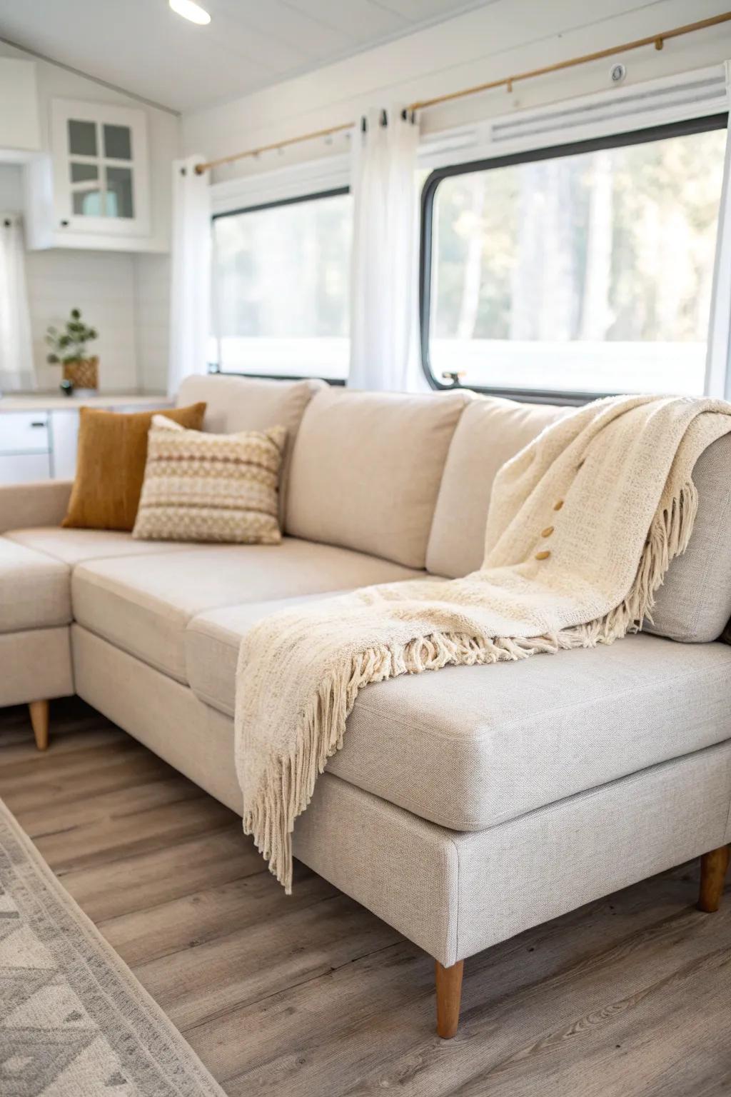 A slim L-shaped sectional tucks into the corner, adding cozy seating without crowding.