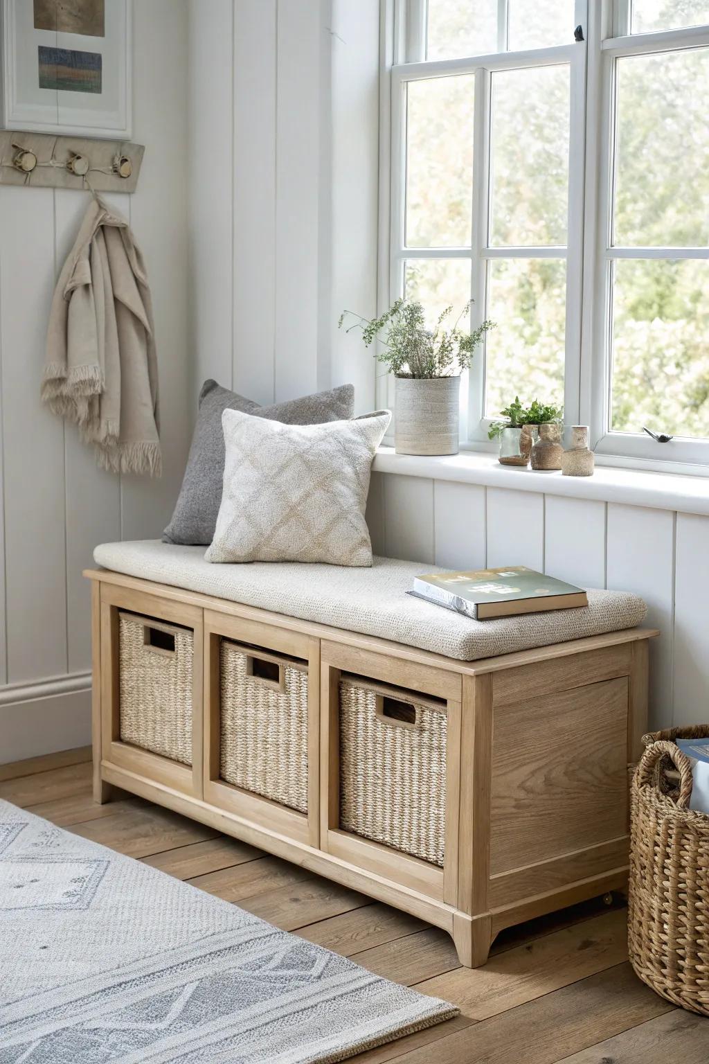 A sleek skoolie storage bench: cozy seating on top, labeled hidden bins underneath.