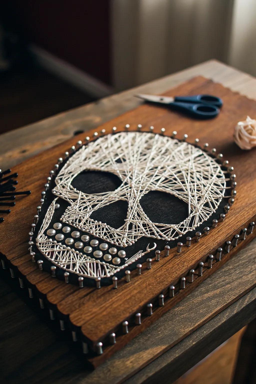 Elevate your space with this captivating skull string art masterpiece. Bold, intricate, and uniquely yours.