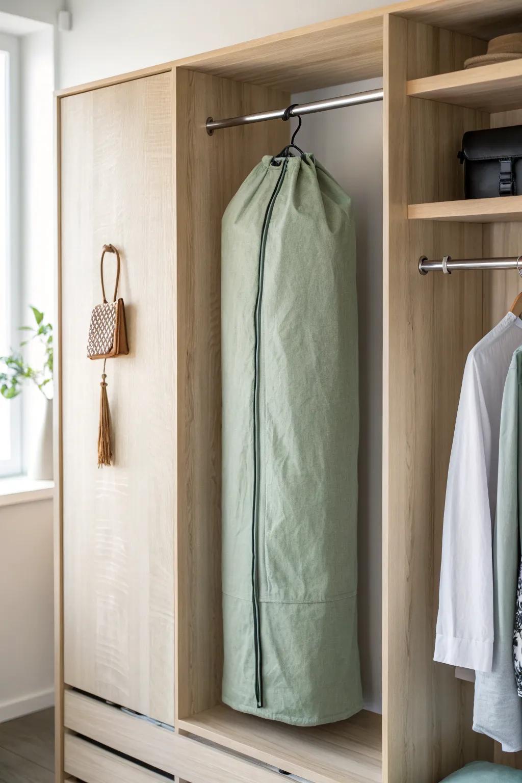 Keep your sleeping bag dust-free: hang it in a breathable garment bag for a tidy small closet.