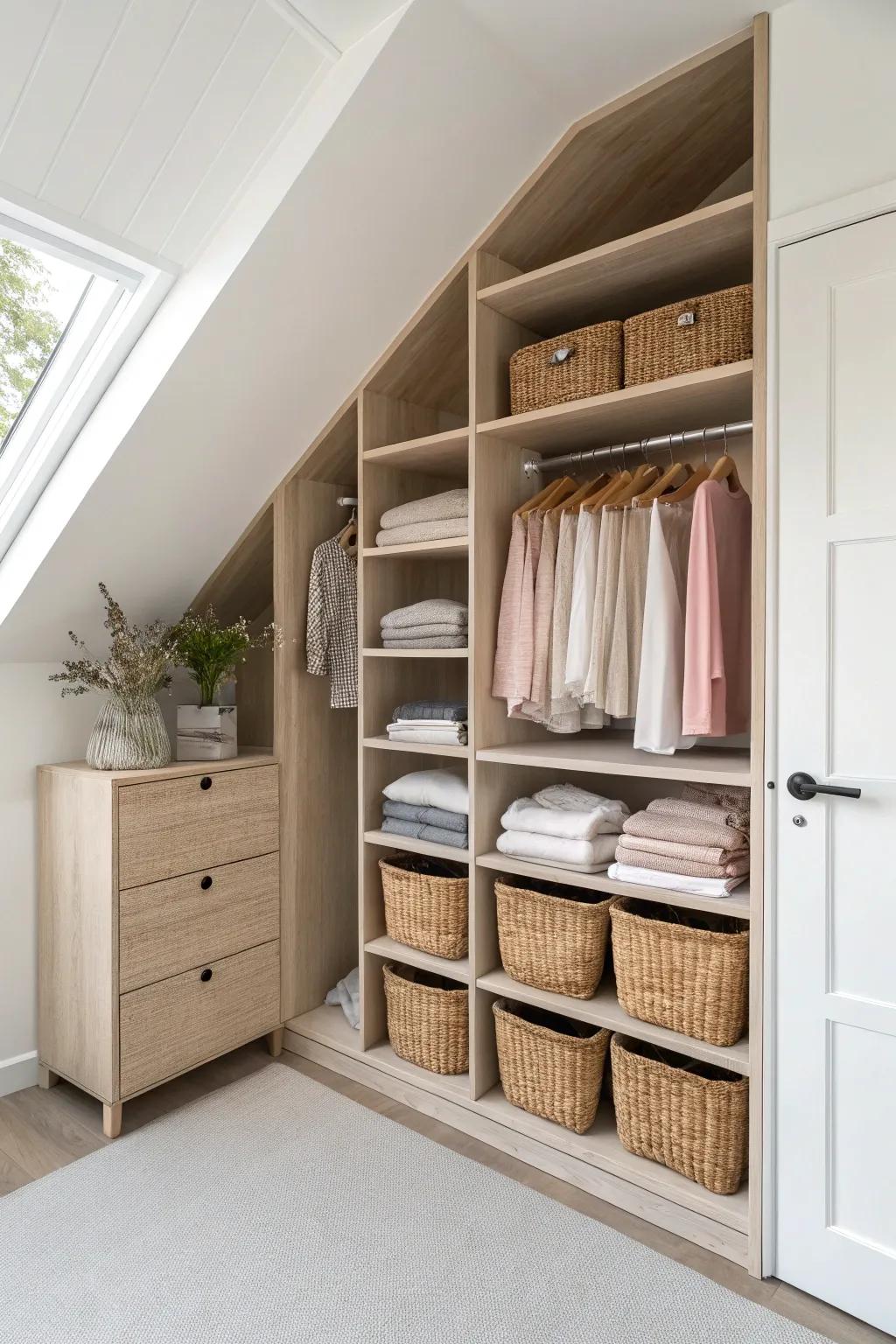 Graduated shelves step with the slope—perfect for folded knits and labeled boho bins.