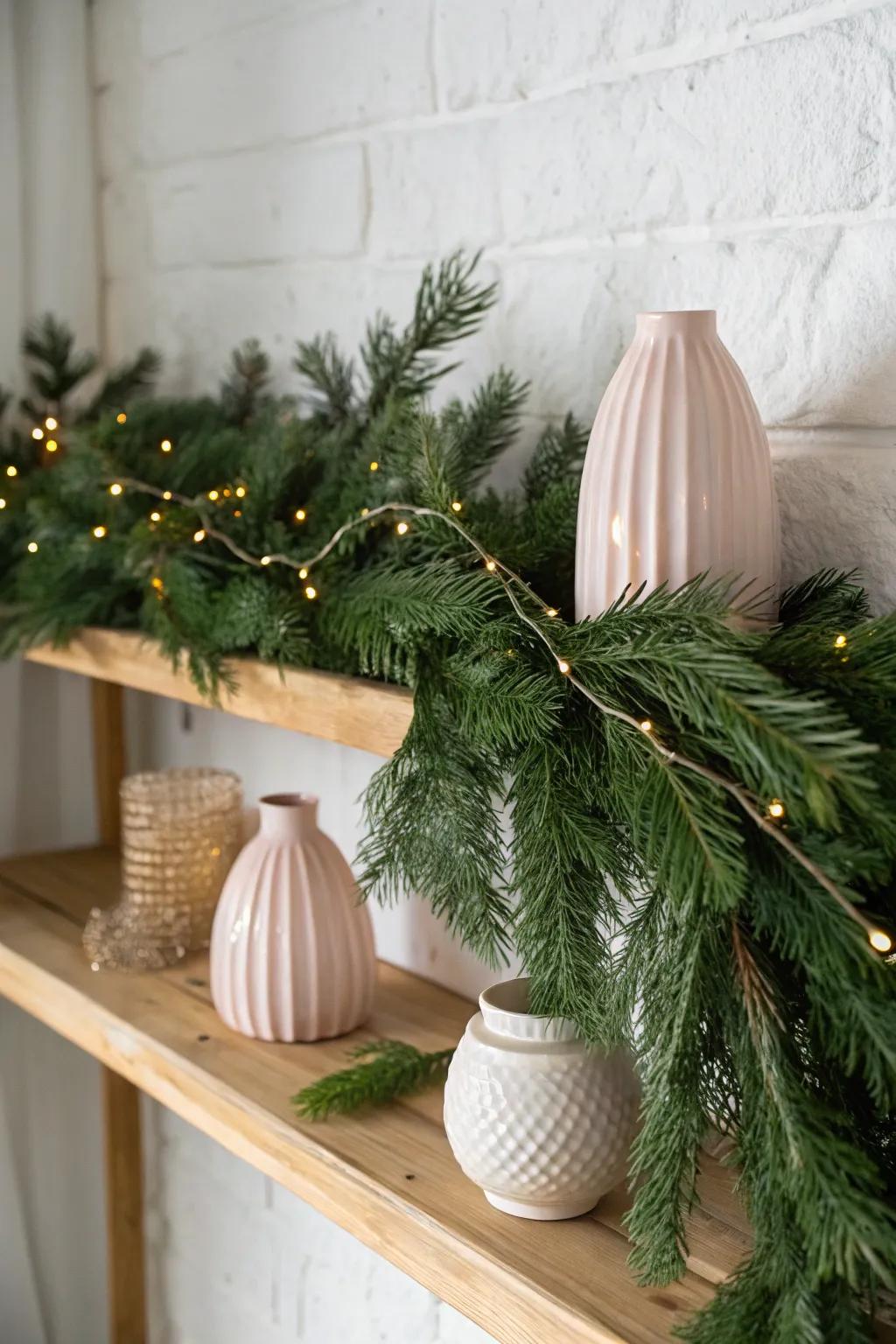 Turn a bookshelf into a mantel—drape pine garland with tiny lights for instant cozy charm.