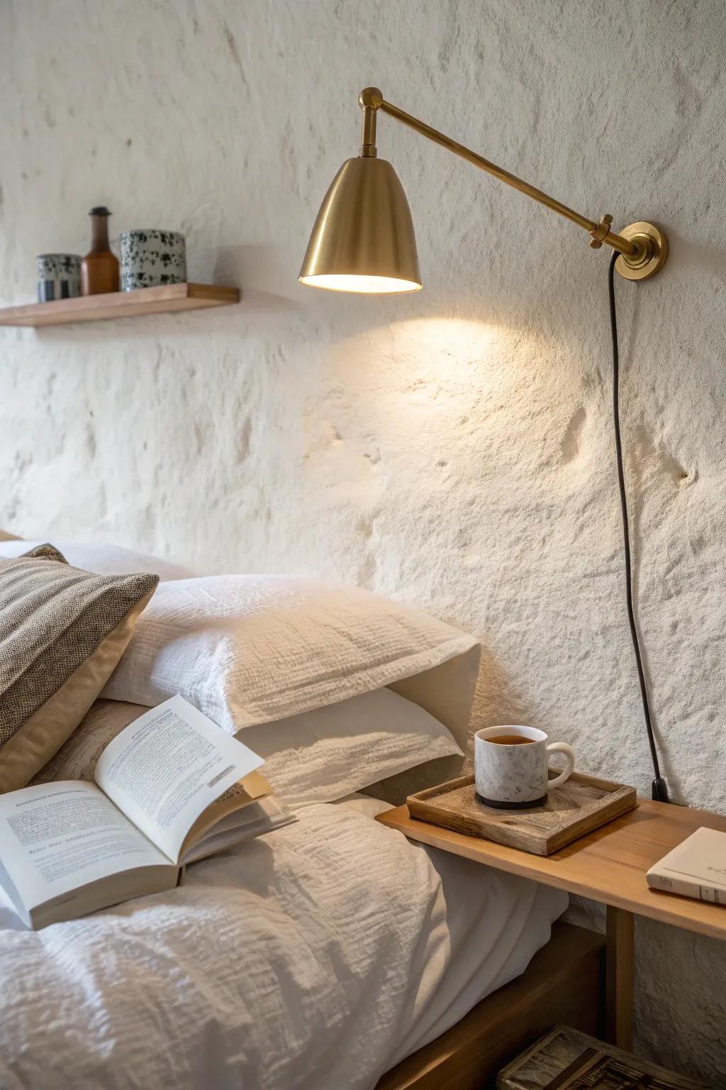 A swing-arm reading light creates a cozy, focused glow—perfect for tiny bed or sofa nooks.