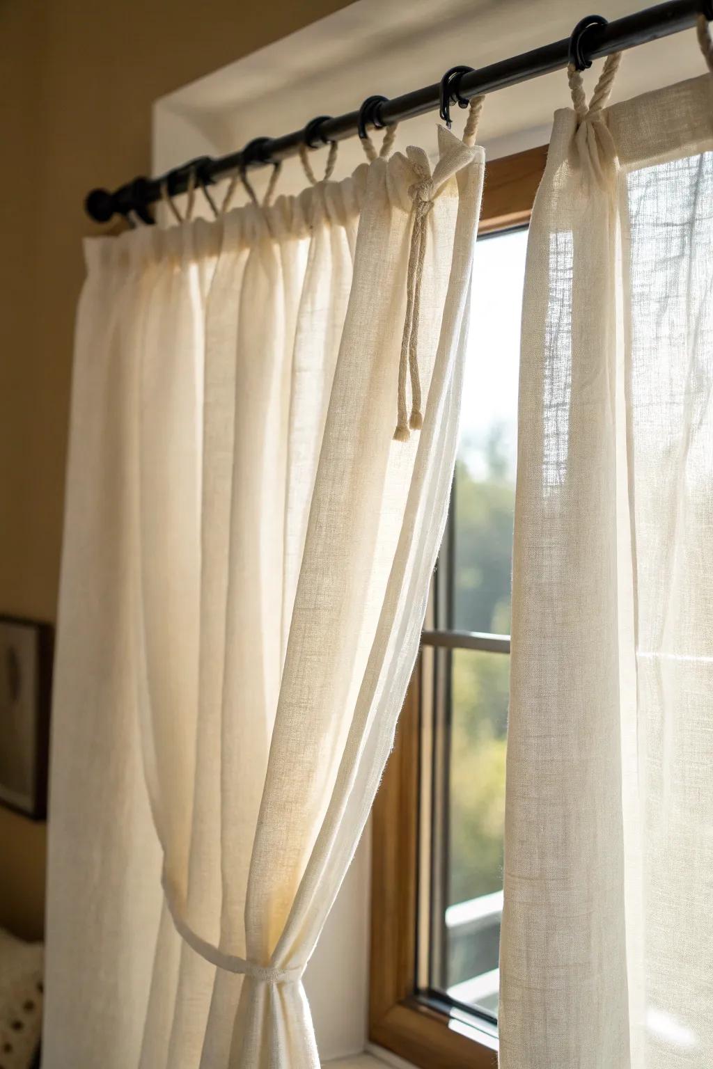 Swap heavy drapes for sheer linen panels—instant brightness that makes a tiny living room feel bigger.