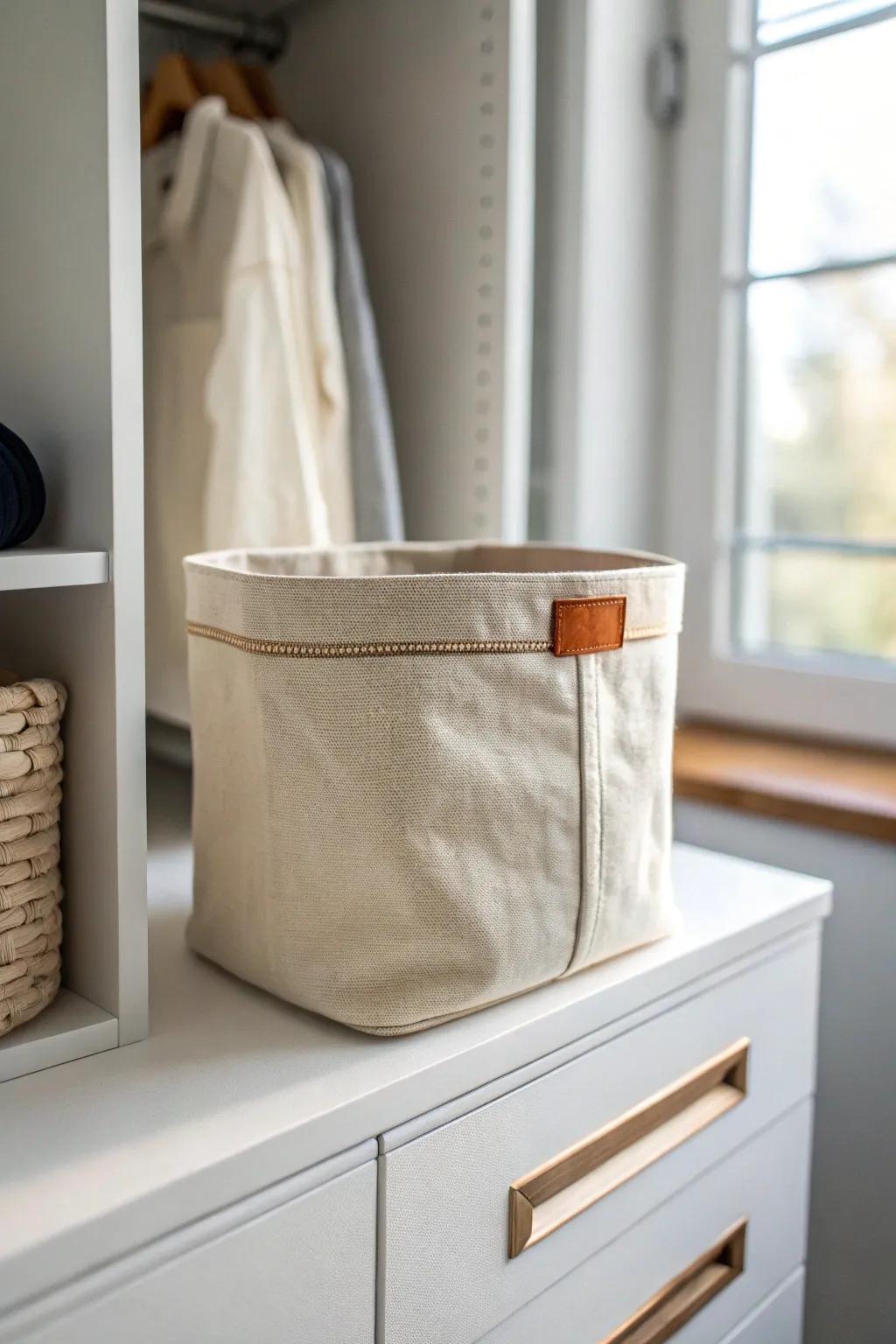 One matching linen bin on the top shelf adds calm, hidden storage and makes a tiny closet feel bigger.