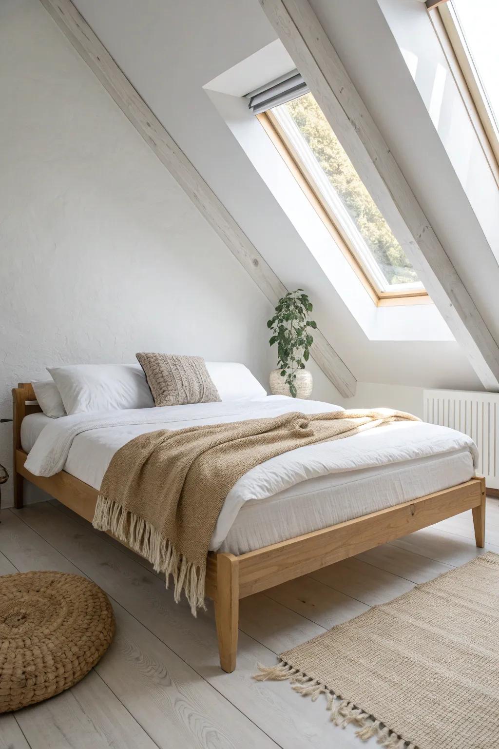 Tuck your bed under the skylight for a dreamy attic sleep spot with calm, minimalist charm.