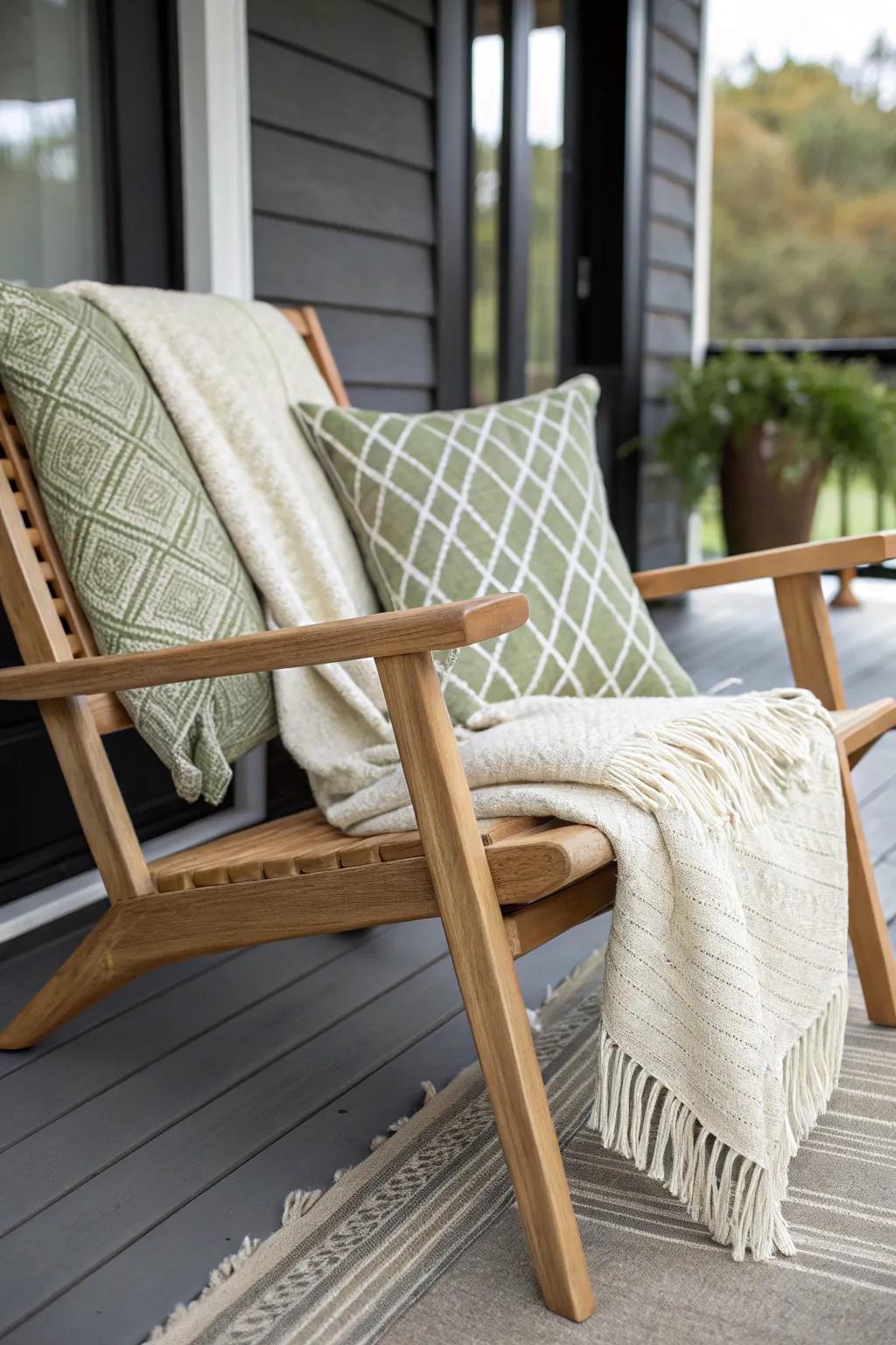 Cozy up your tiny back porch with two-tone outdoor pillows and a washable throw blanket.