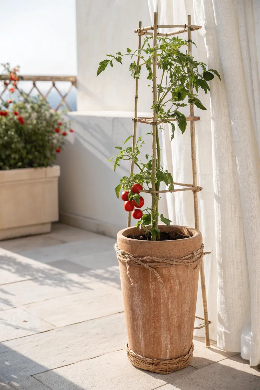Patio-friendly container garden: grow cherry tomatoes in one beautiful pot right by the door.