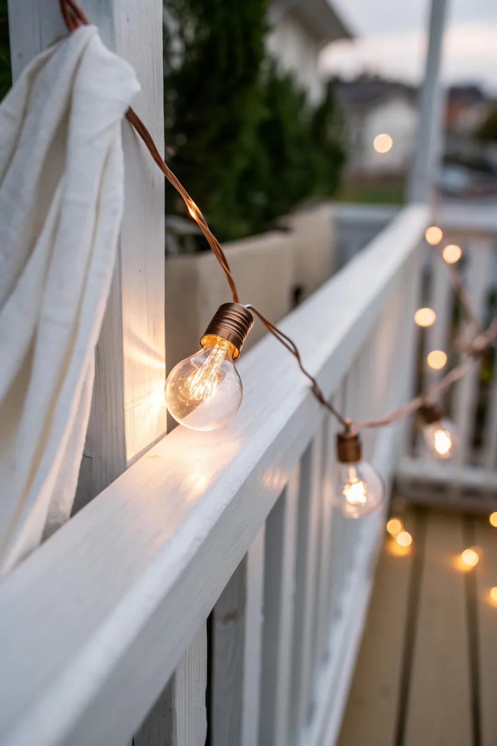 One strand of warm string lights turns a tiny balcony into a cozy budget вечер spot.