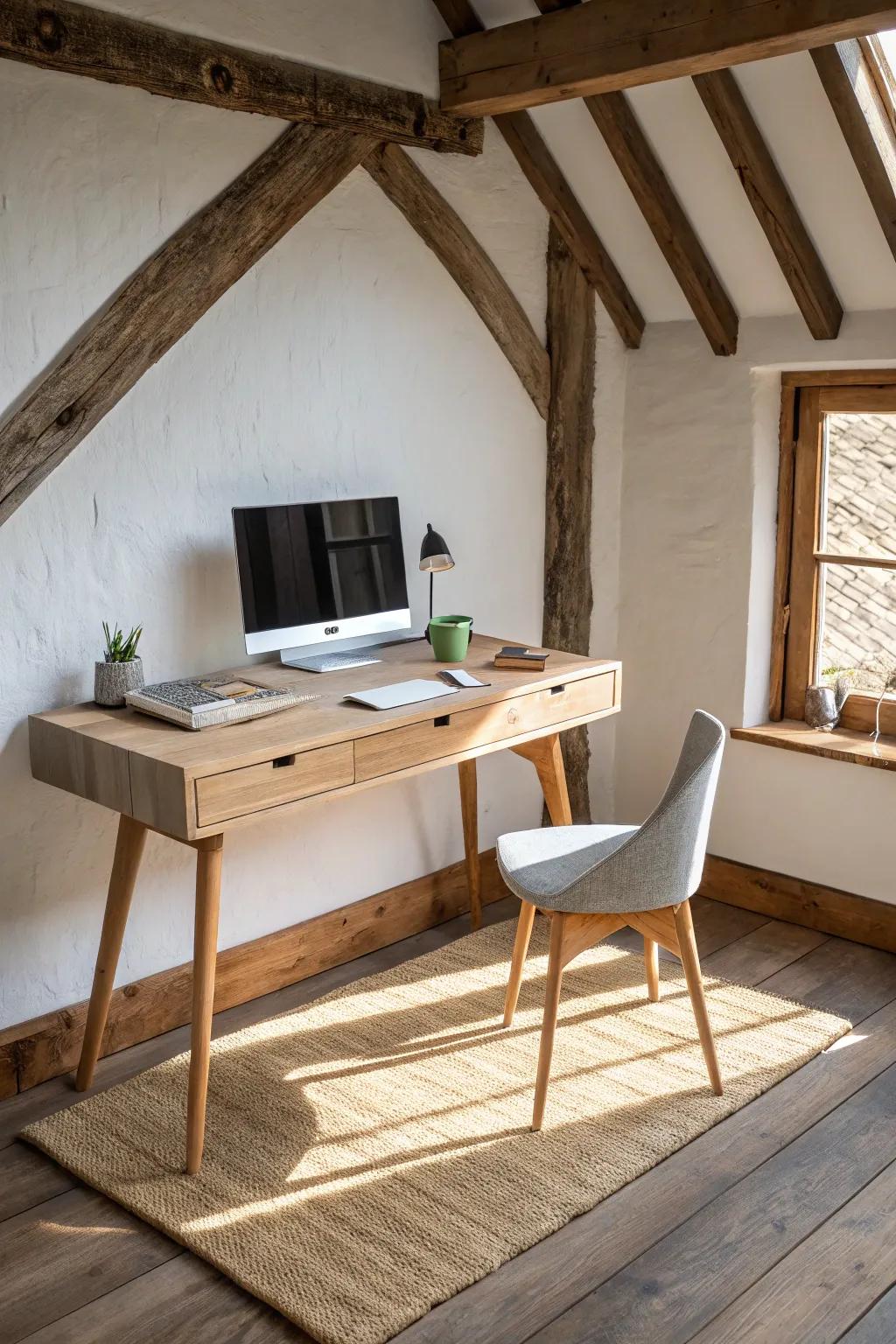 A cozy mezzanine desk perch tucked into barn rafters—private, light-filled, and space-smart.