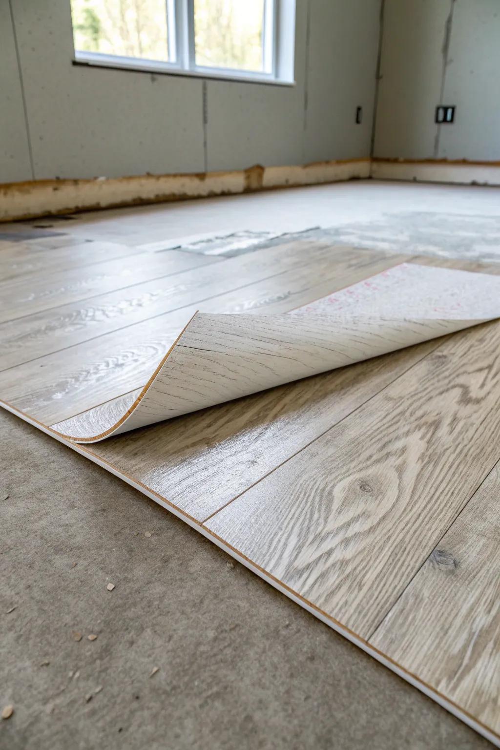 Define a cozy basement zone on a budget with peel-and-stick flooring and a clean edge.