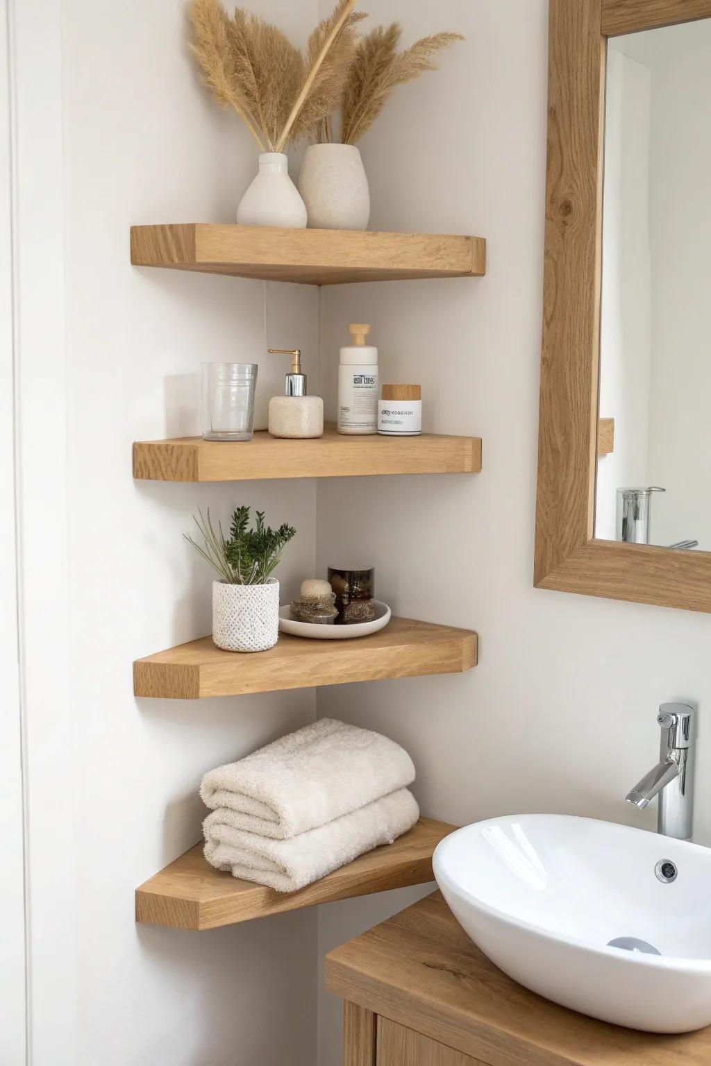 Shallow triangle corner shelves add storage for washcloths without crowding a small bathroom.