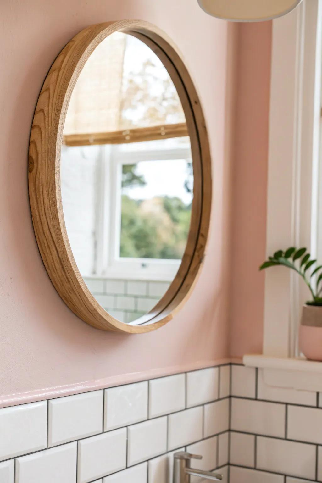 Grown-up blush pink + crisp white—an oak-framed mirror keeps a tiny powder room modern.