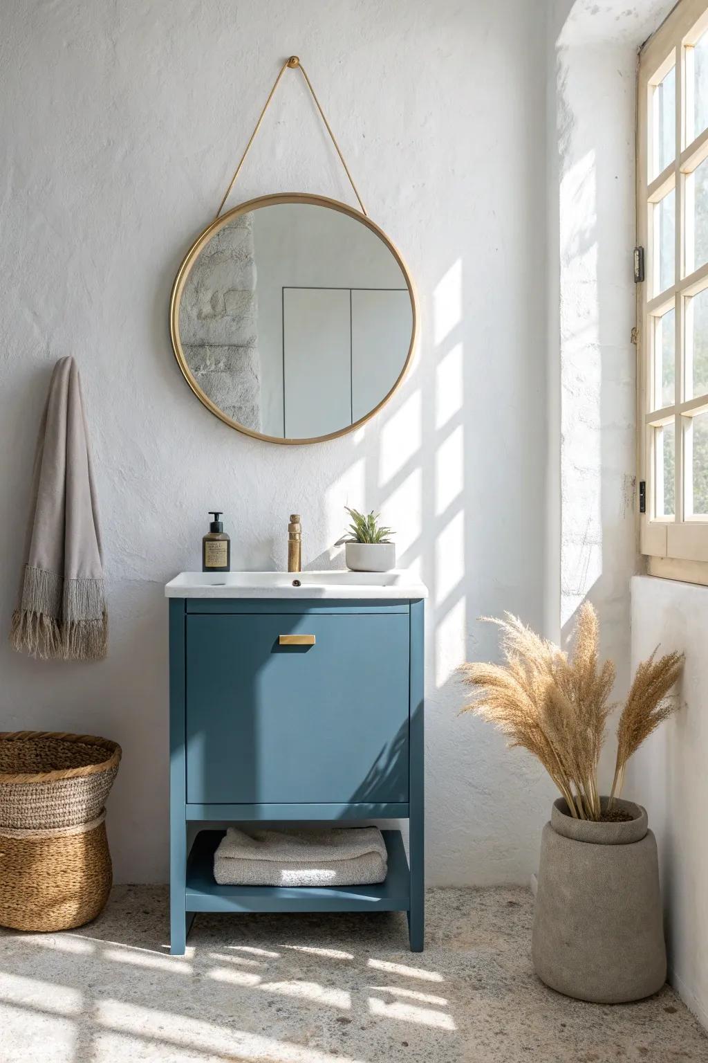 A round mirror above a blue vanity softens sharp lines and makes a small bathroom feel calmer.