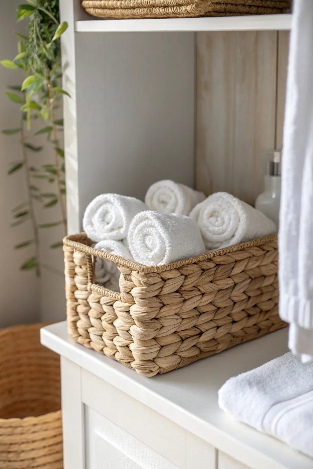 Rolled washcloths in a slim bin keep your tiny linen closet neat, grab‑and‑go, and pretty.
