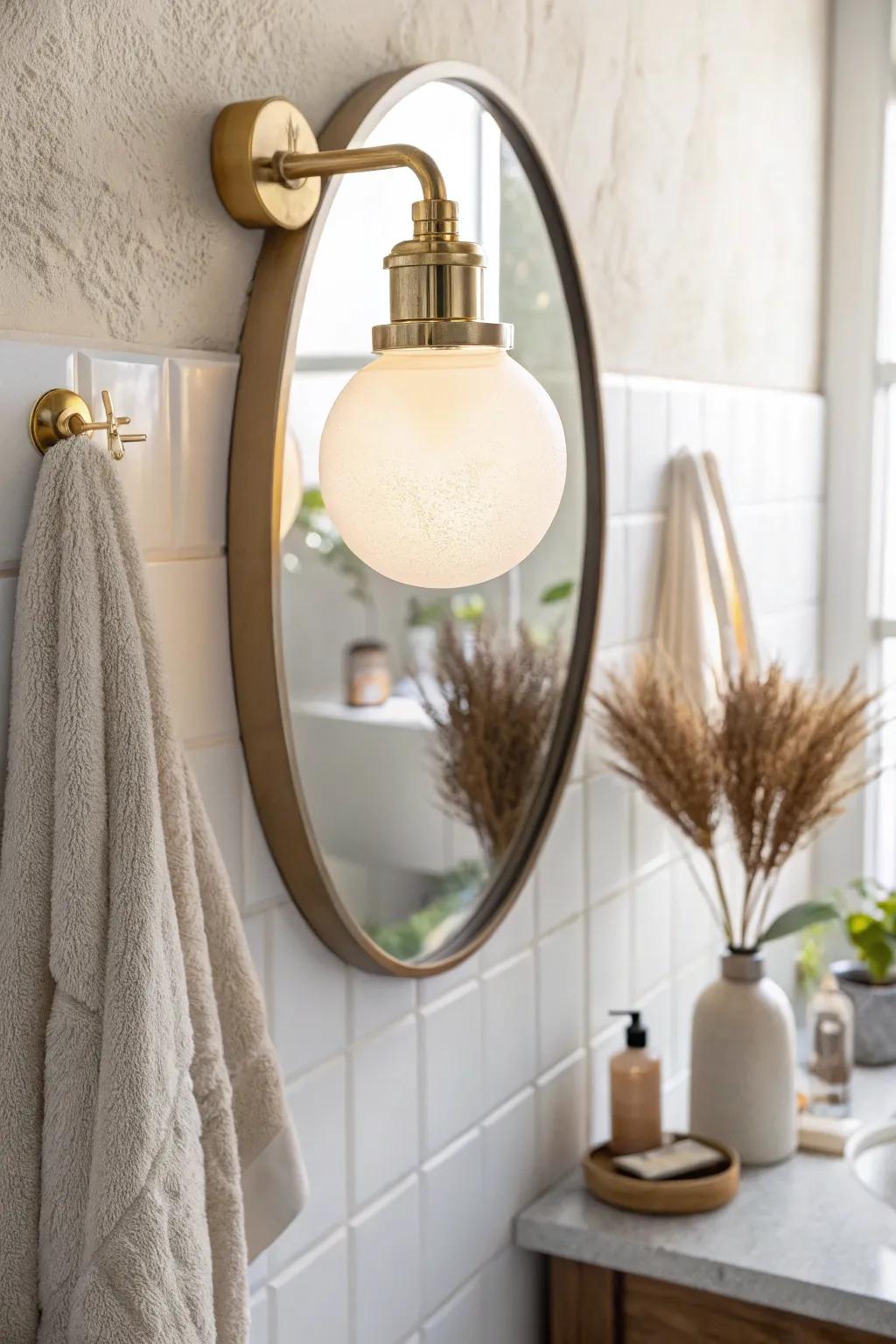 Swap in a warm, simple sconce to turn a small bathroom mirror area from gloomy to glowy.