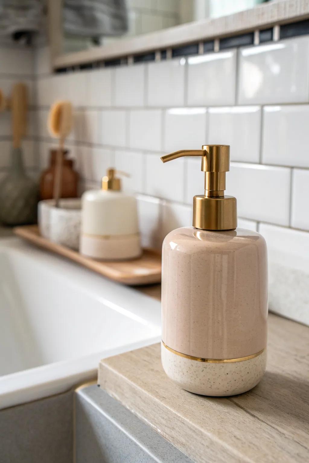 Glossy zellige + a handmade ceramic dispenser: tiny windowless bath, instantly brighter.
