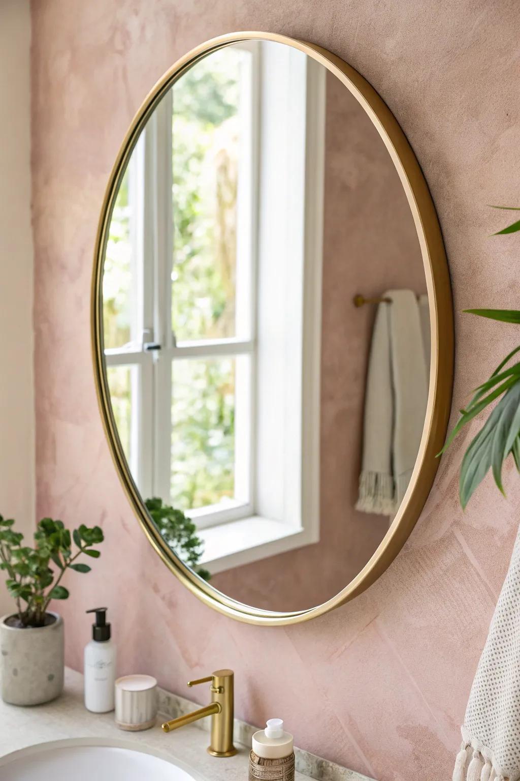 Muted blush pink + crisp white trim—tiny bathroom paint that glows and still feels grown-up.