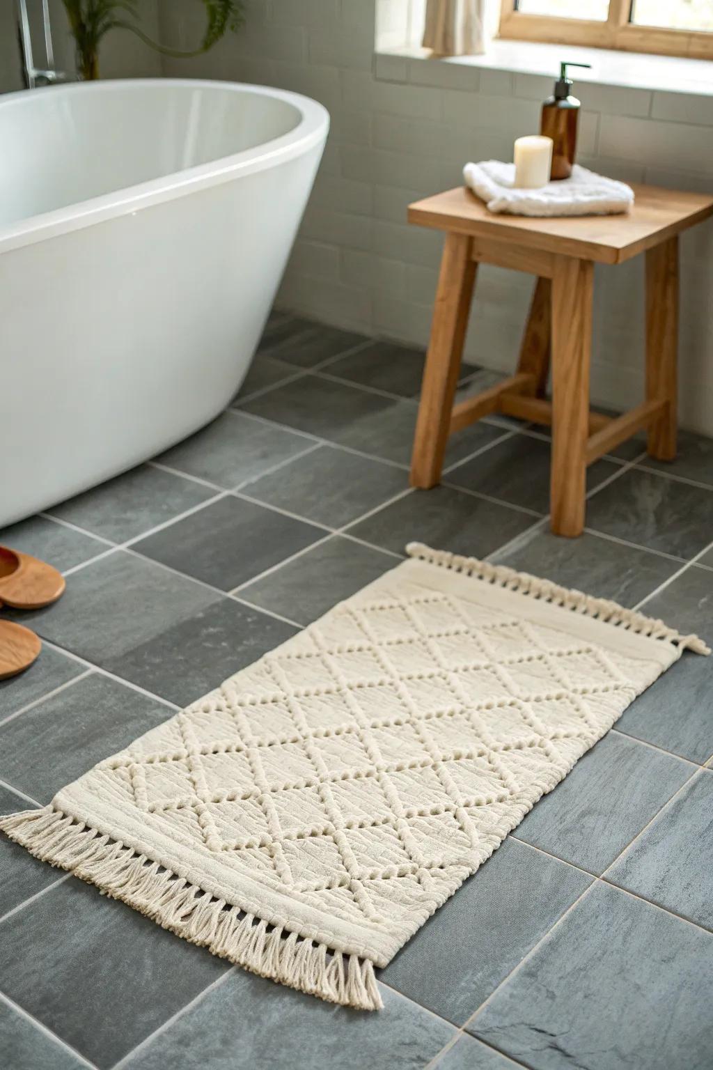 One handwoven rug brings calm to a tiny bathroom—no clutter, just cozy underfoot.