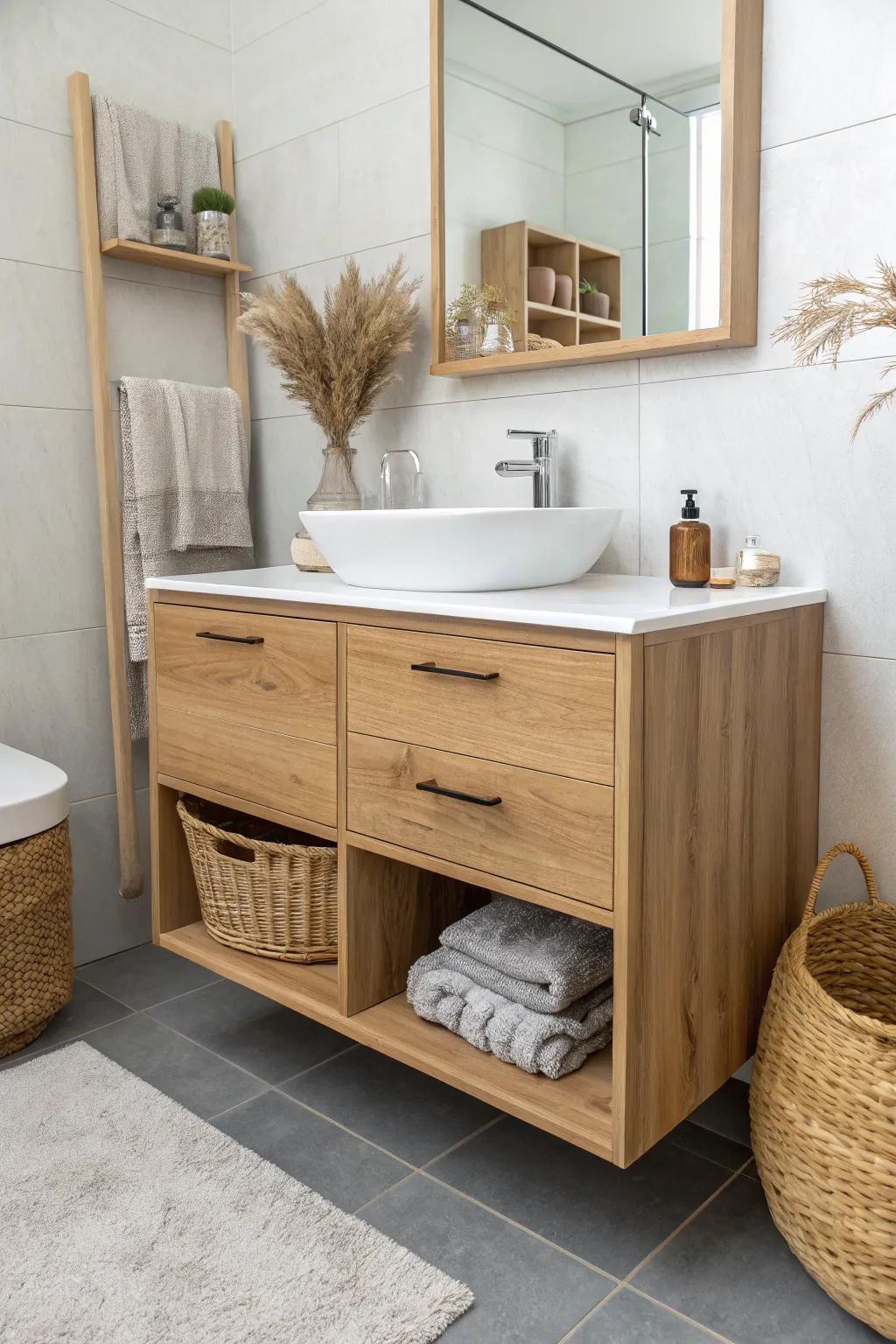 Wall-hung vanity cabinet: airy floor space, warm oak texture, and hidden storage for small baths.