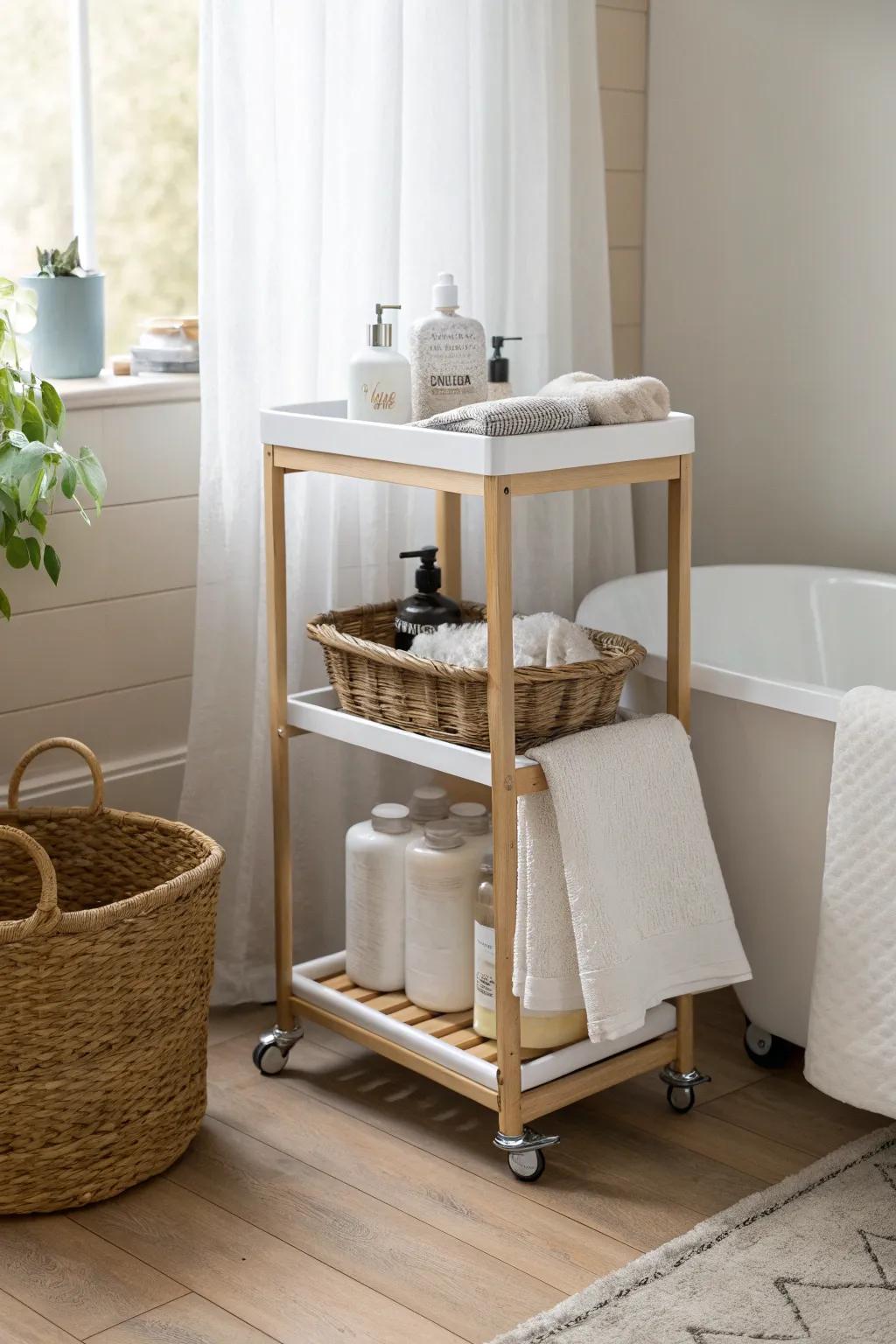 A slim rolling cart table adds flexible storage—tuck bins below to keep a tiny bath serene.