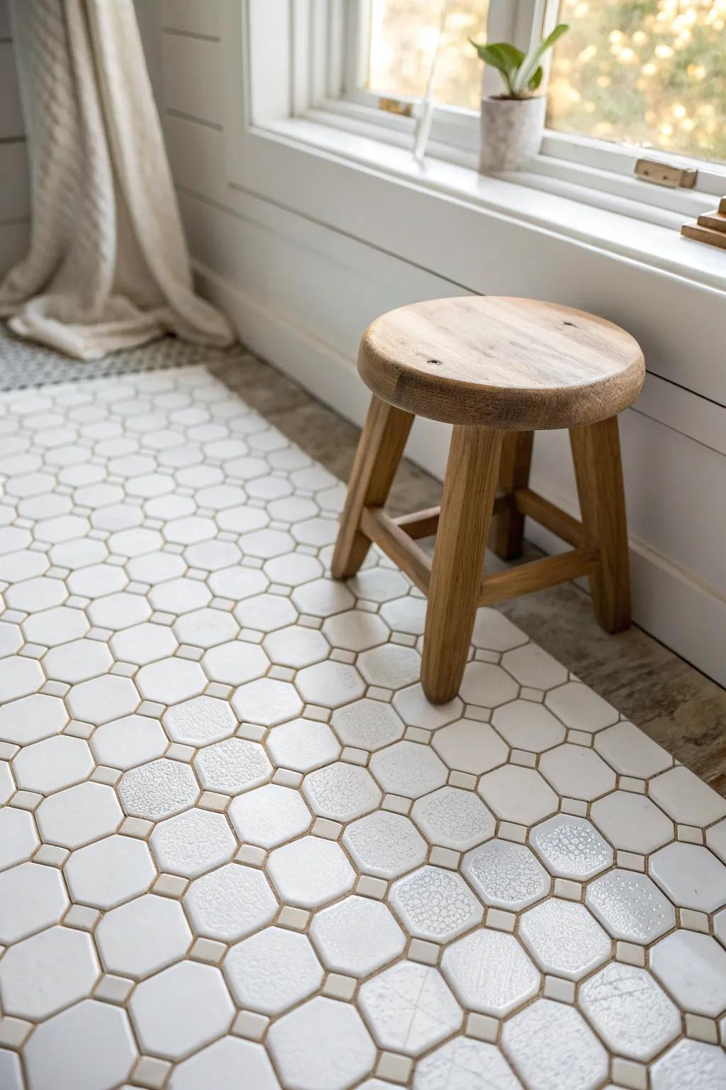 Matte hexagon tiles add quiet character—clean, airy, and perfect for a tiny bathroom.