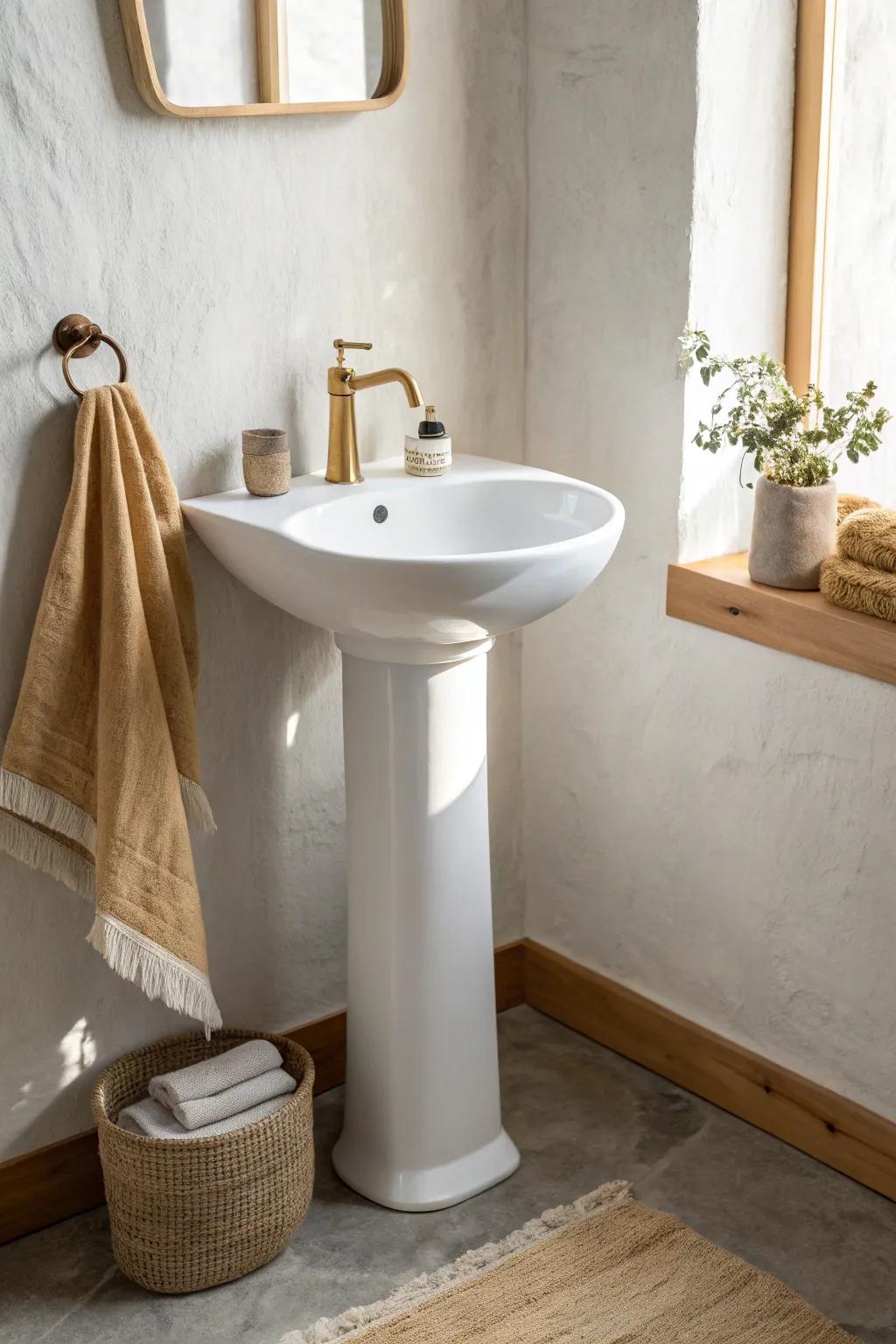 Corner pedestal sink: a sleek switch that opens up the walkway in a tiny bathroom.
