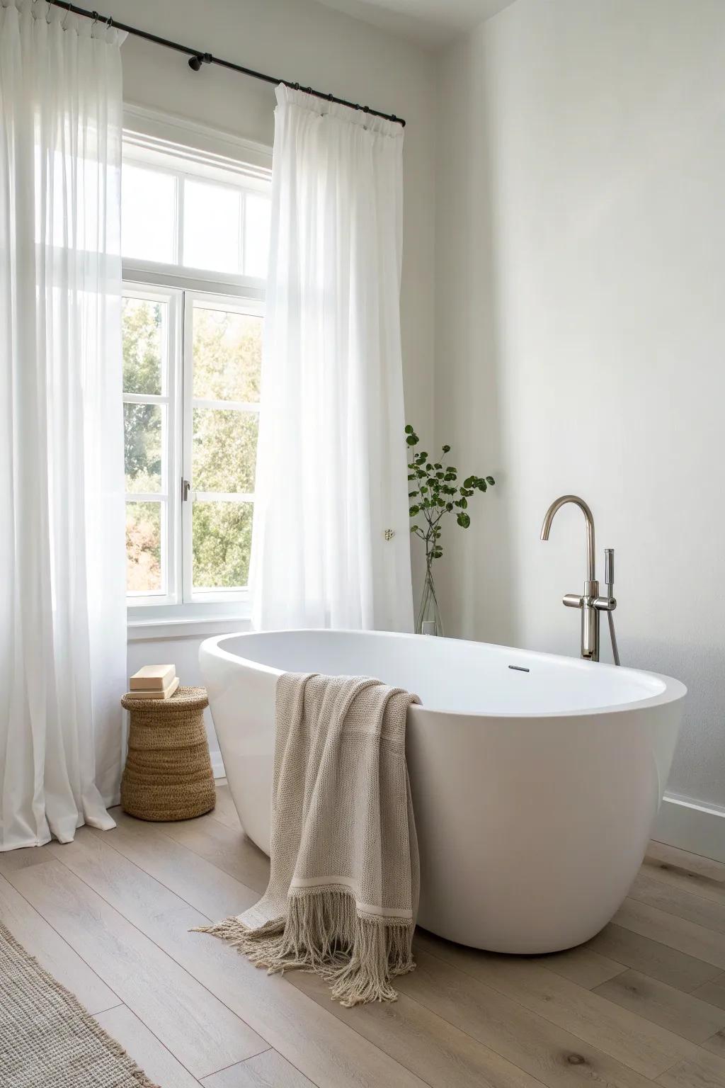 A petite freestanding tub keeps tight bathrooms feeling open, bright, and beautifully uncluttered.