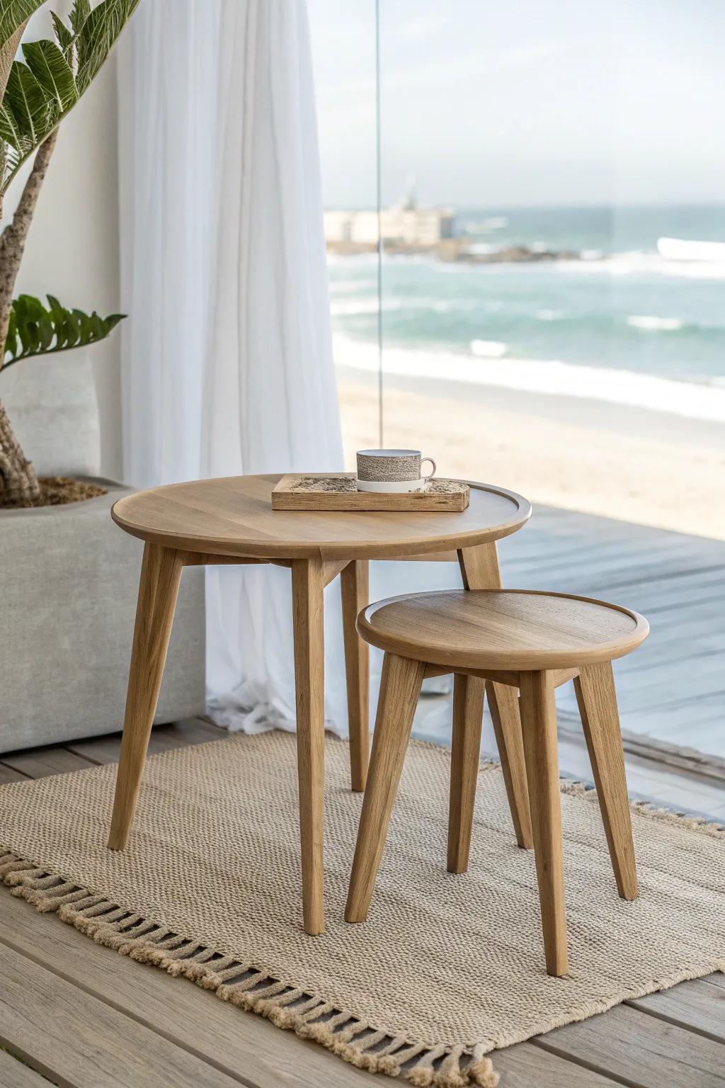 Scale down with nesting drink tables—flexible, airy, and perfect for small beach condos.
