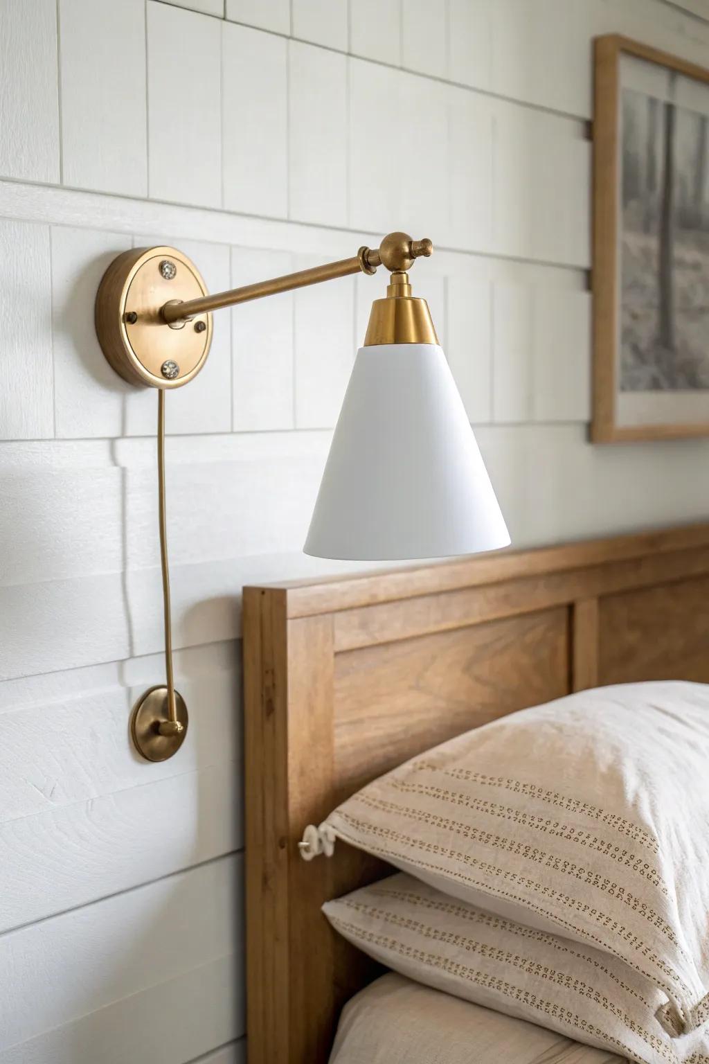 A swing-arm sconce gives focused bedtime light—pull it close to read, tuck it away after.