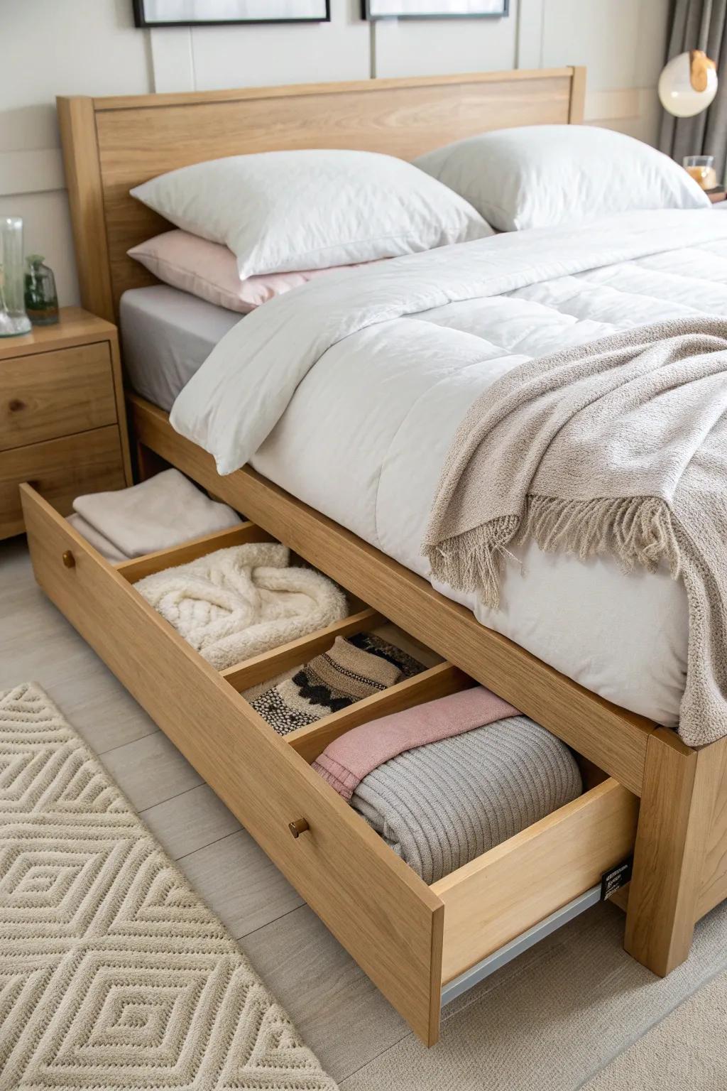 A sleek storage bed hides sweaters and extra blankets—perfect for small bedroom makeovers.