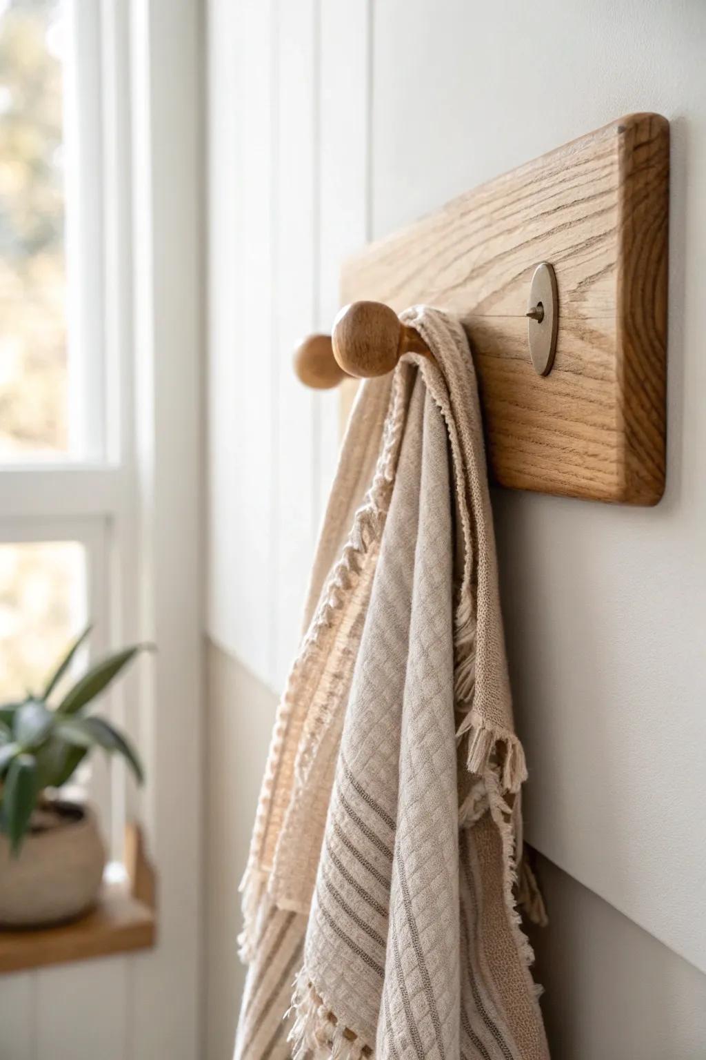 One simple wooden hook keeps scarves and bags off the chair—instant small-bedroom calm.