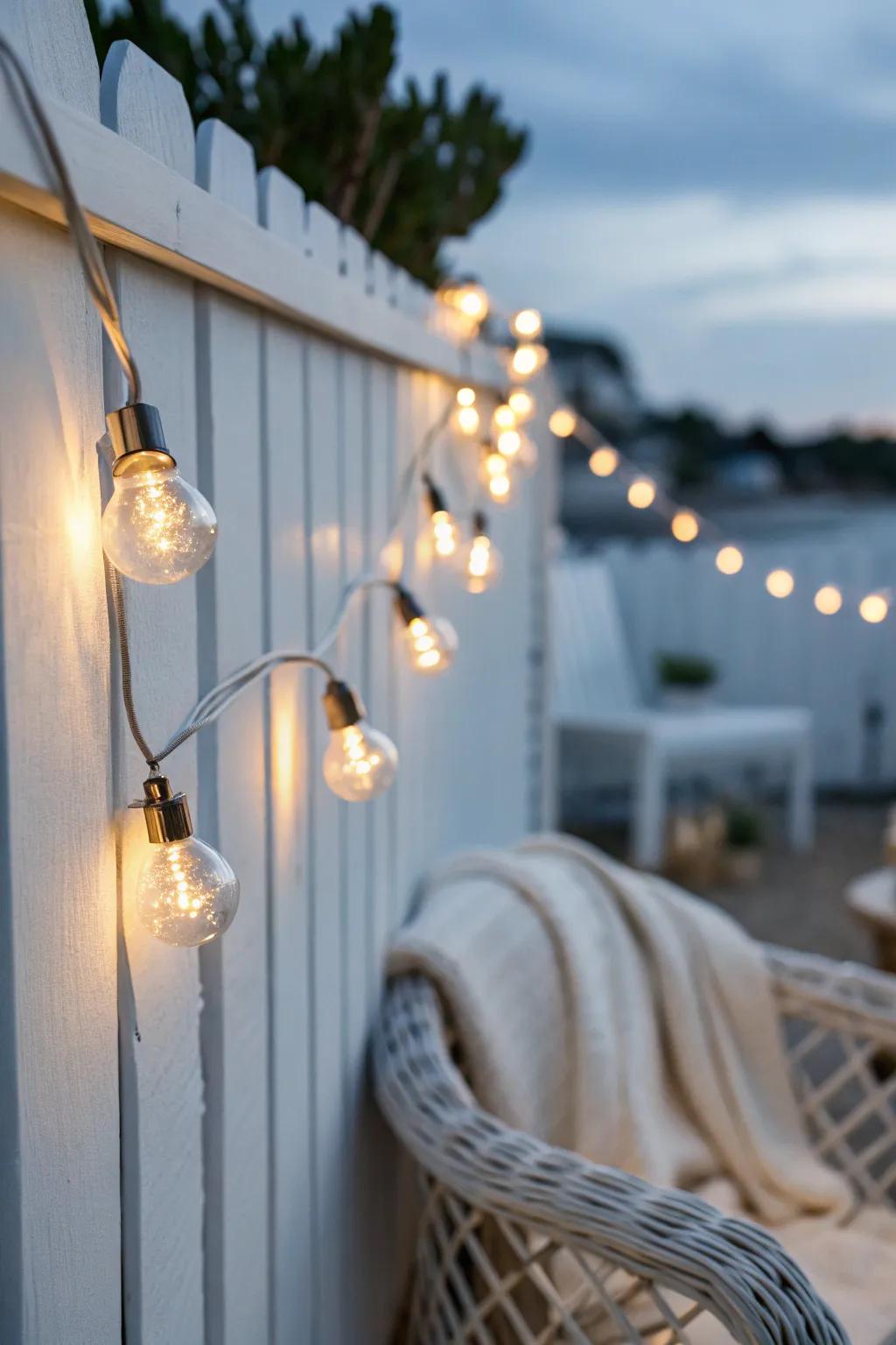 Drape warm string lights overhead to turn a tiny patio into a dreamy boho “room”.
