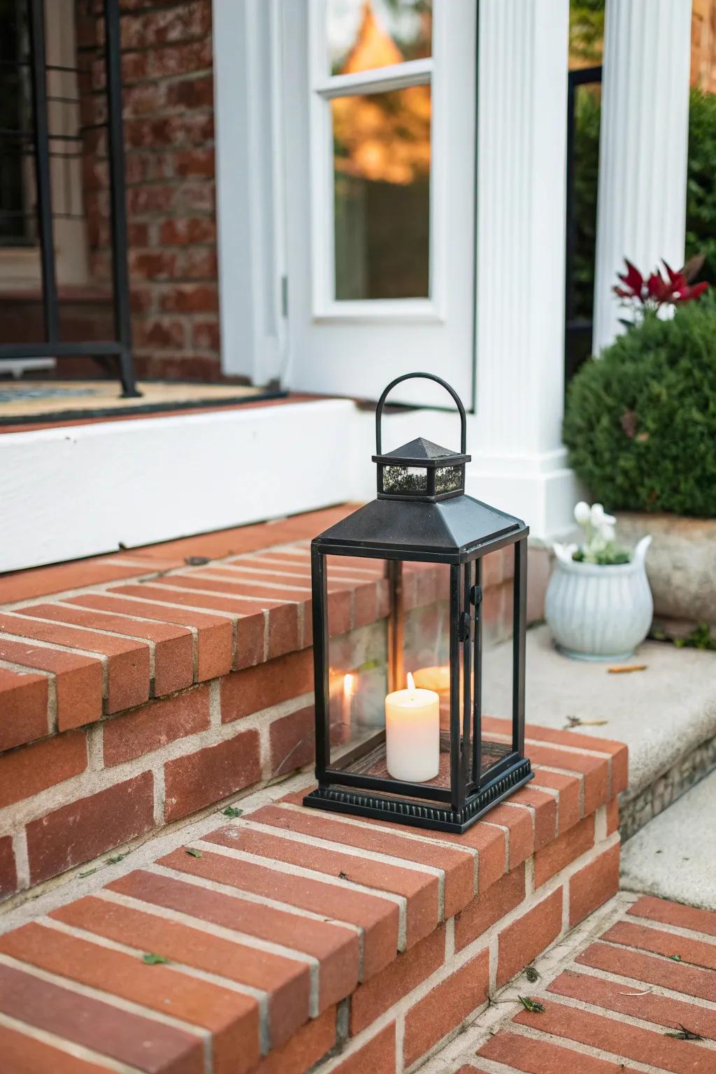 One oversized lantern adds cozy glow on a brick step—minimal, warm, and never cluttered.