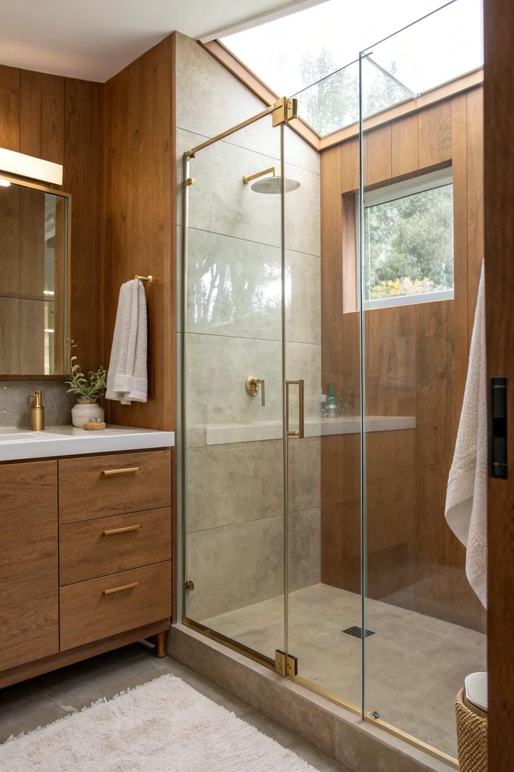 Frameless clear shower glass opens up a small brown bathroom—light, airy, and intentional.