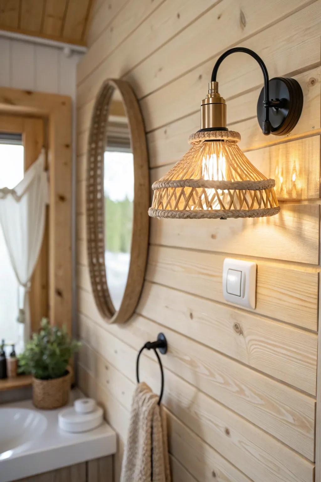 Warm layered lighting makes even the smallest cabin bathroom feel cozy and luxe at night.