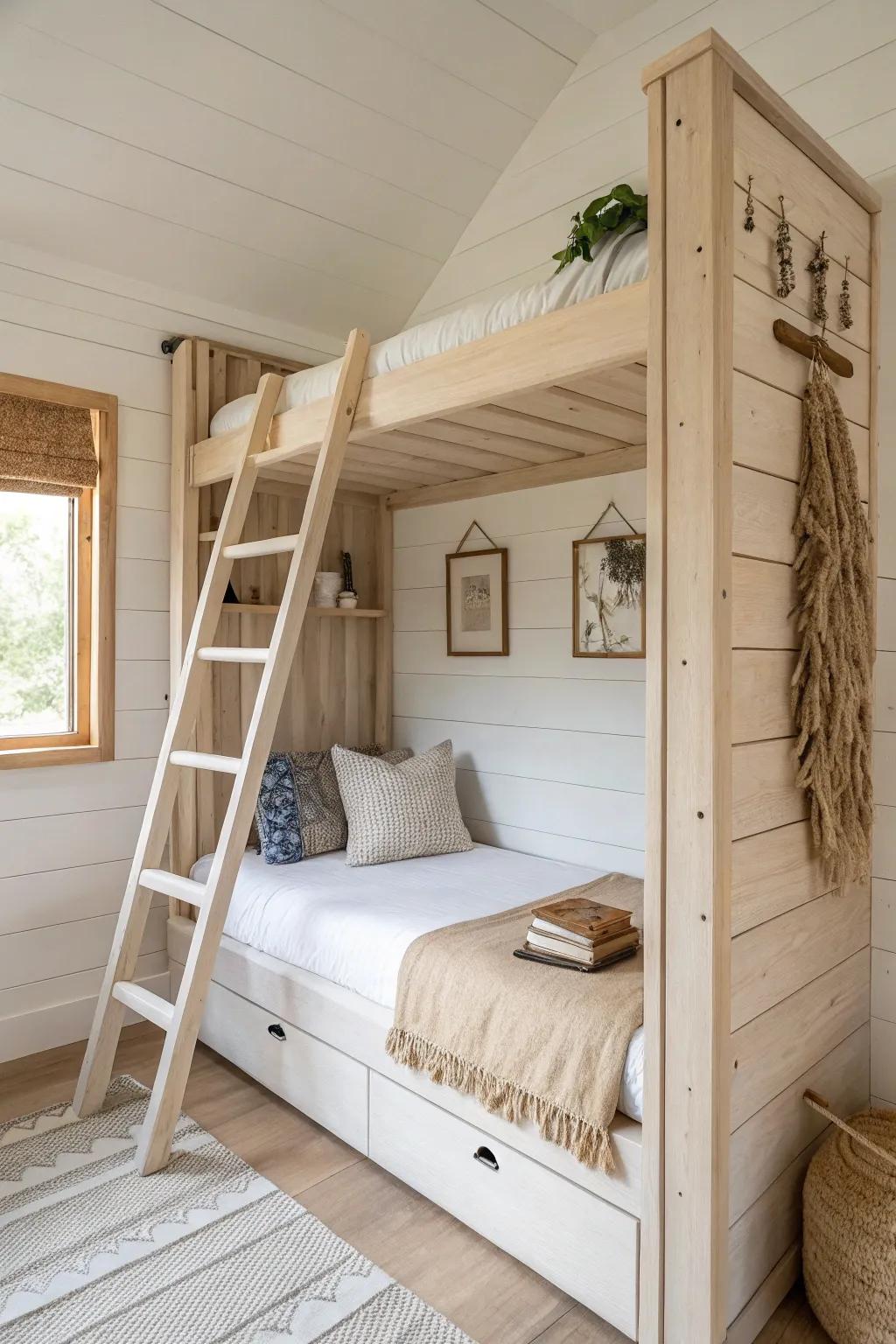Built-in alcove bunks make a tiny cabin feel calm—add a slim ledge for books and water.