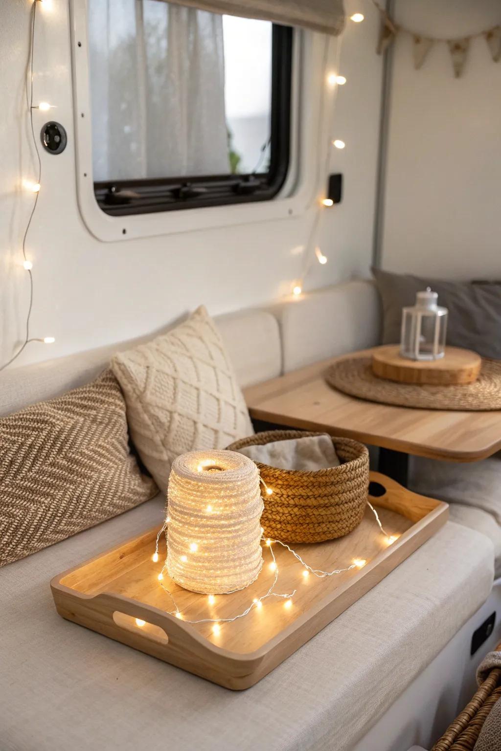 Warm string lights instantly turn a small camper nook from stark to cozy and inviting.