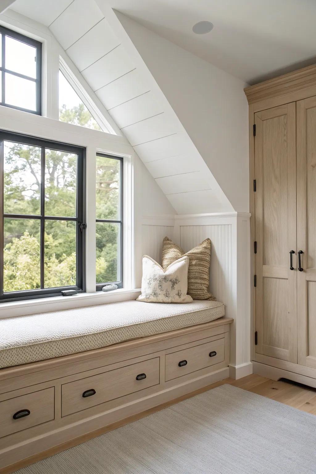 Make the dormer a dreamy window-seat nook—built-in storage below keeps the upstairs bedroom calm.