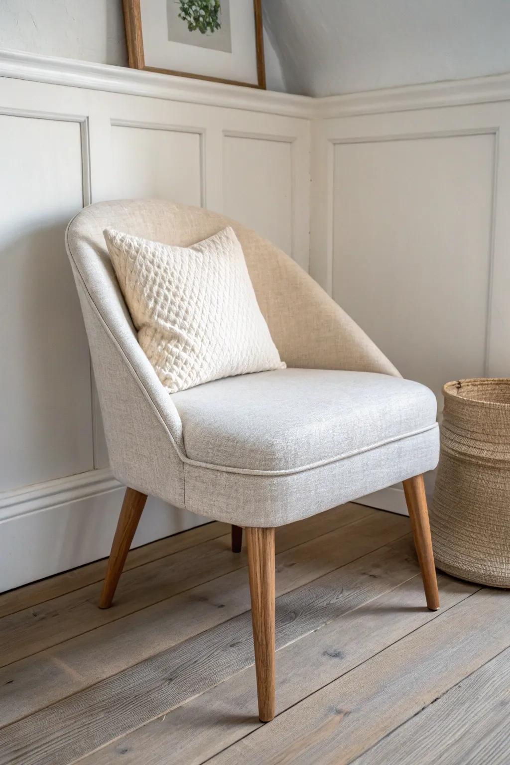 Slim-leg chair with airy floor space—light, crafted, and perfect for a tiny bedroom corner.