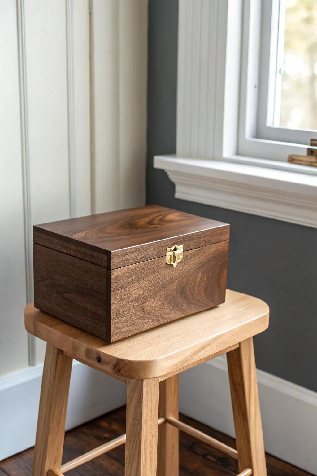 Charcoal accent wall + a handcrafted walnut humidor brings speakeasy mood to tiny rooms.