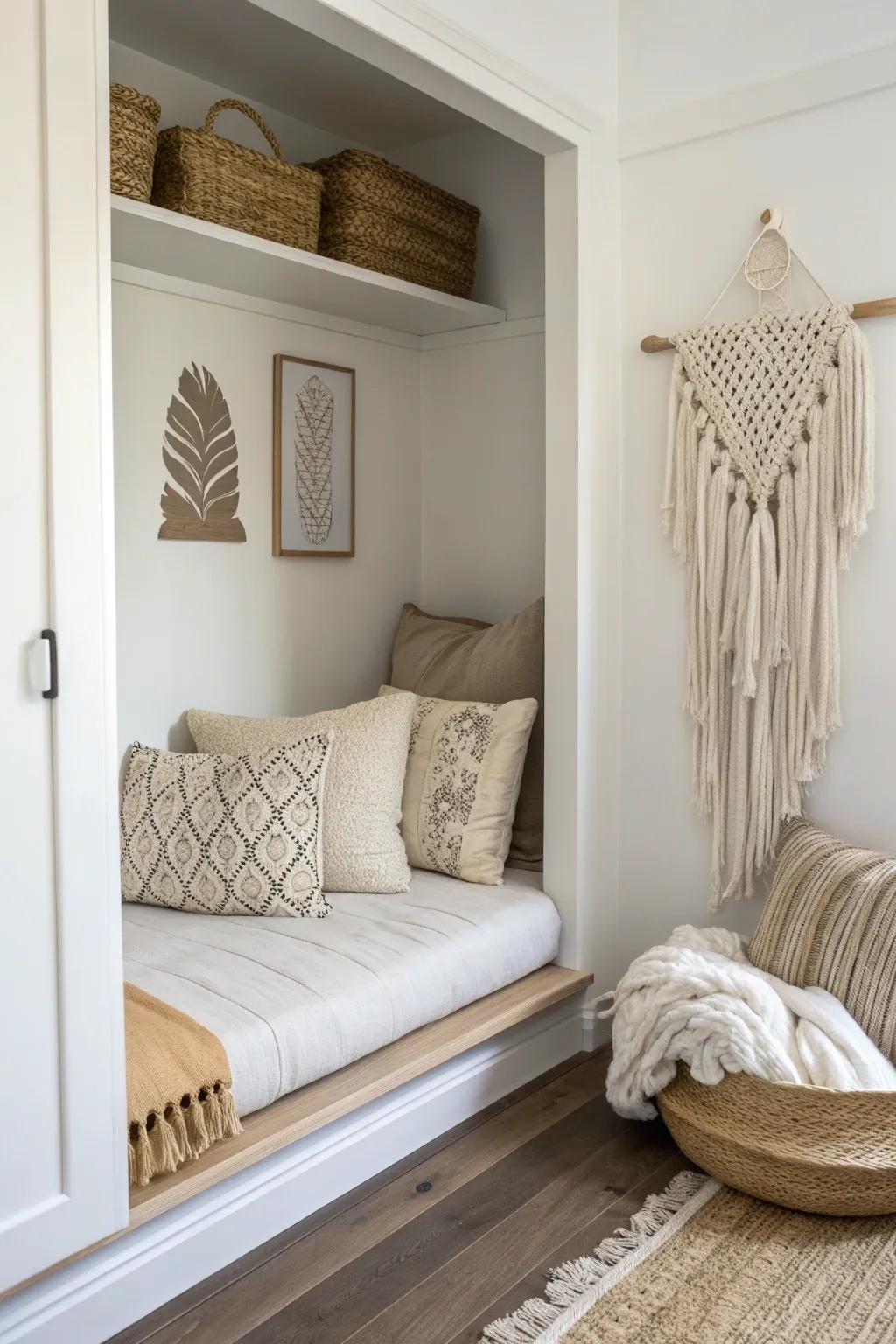 Turn a wide closet nook into a cozy daybed cubby with pillows, linen, and soft neutral tones.