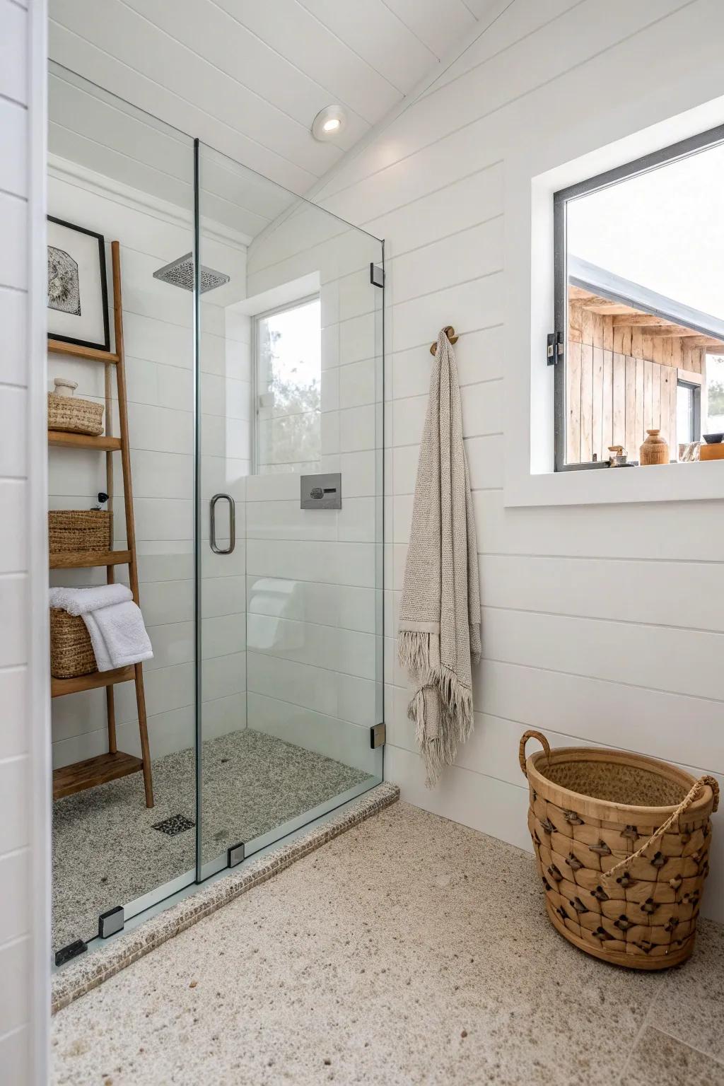 A frameless glass shower door keeps sightlines open—instantly making a narrow coastal bath feel bigger.