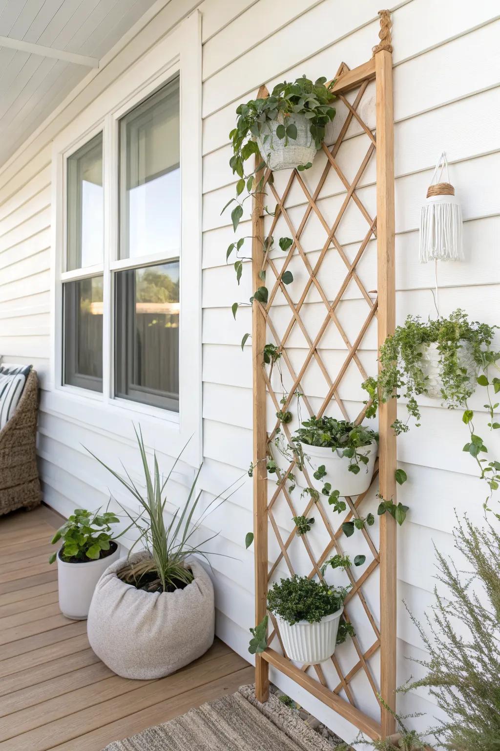 Go vertical: a trellis wall garden adds lush greenery without stealing patio floor space.