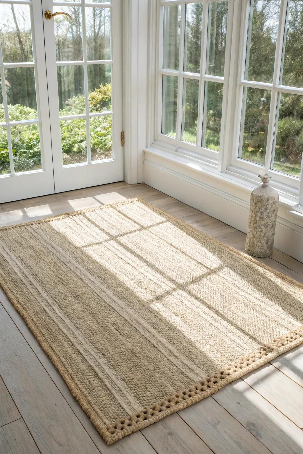 A single woven rug instantly zones a small conservatory and makes it feel finished.